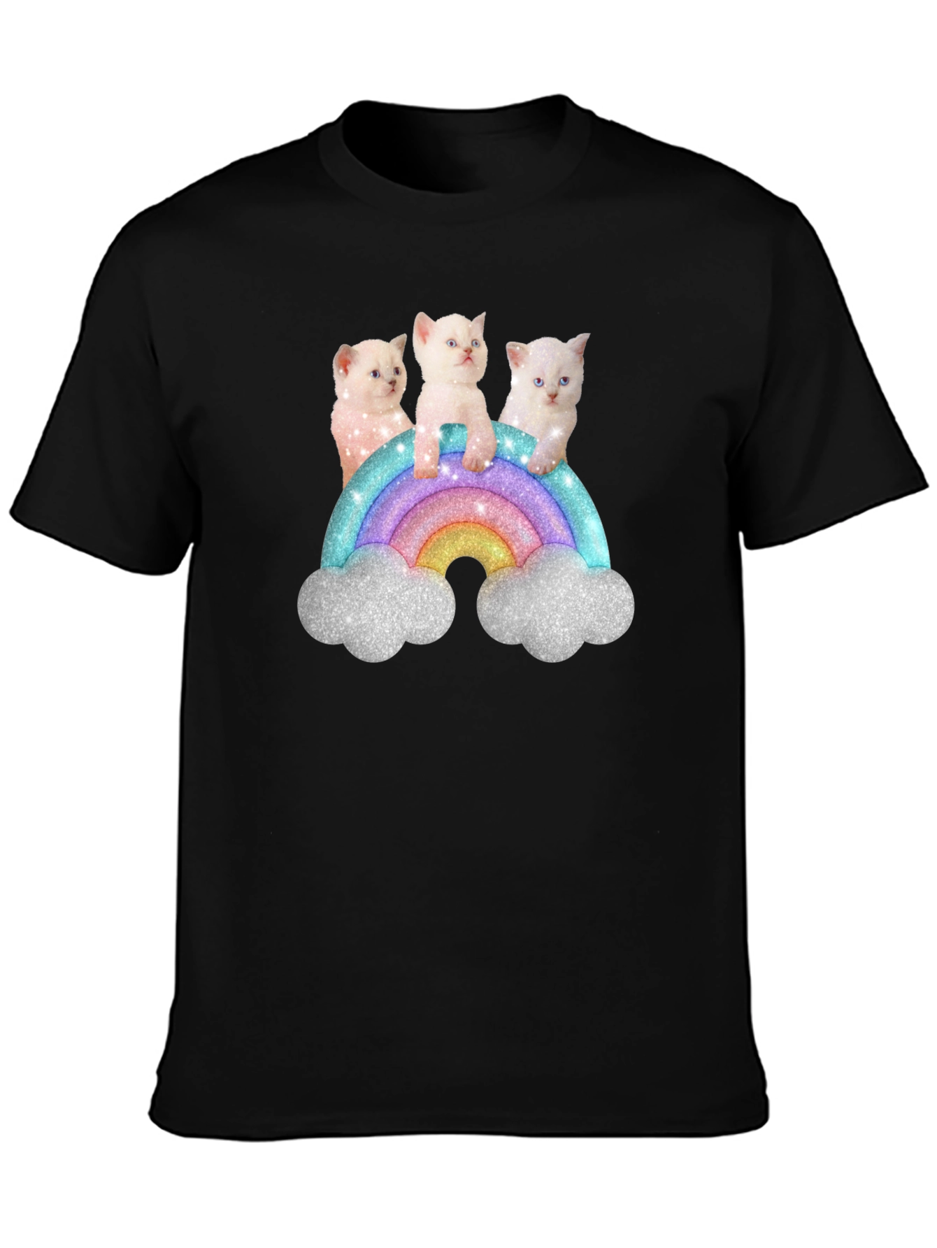 Black Cute Kitten Rainbow Graphic Tee - Black Unisex T-Shirt view 3
