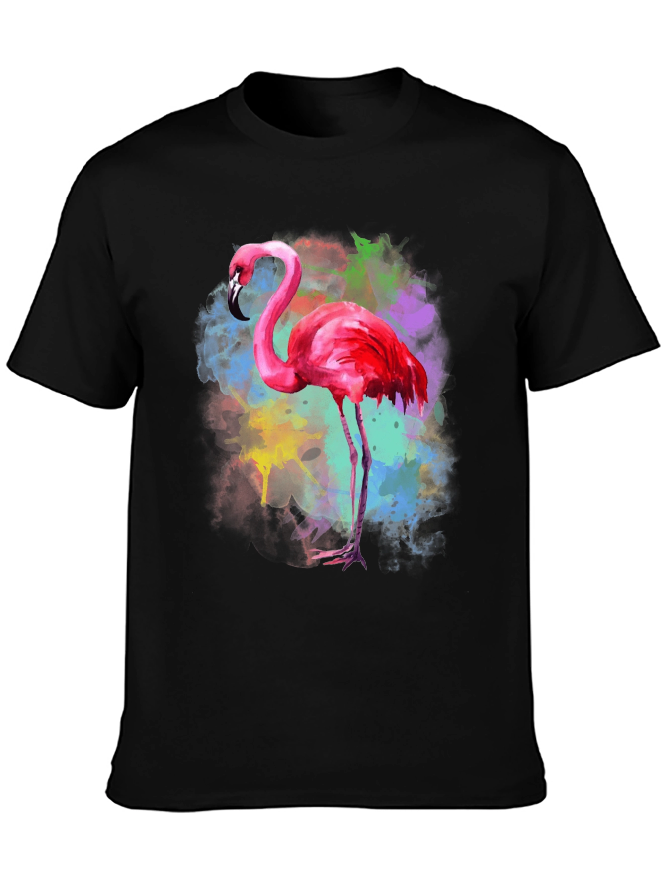 Black Flamingo Watercolor Graphic Tee - Black Cotton T-Shirt view 3