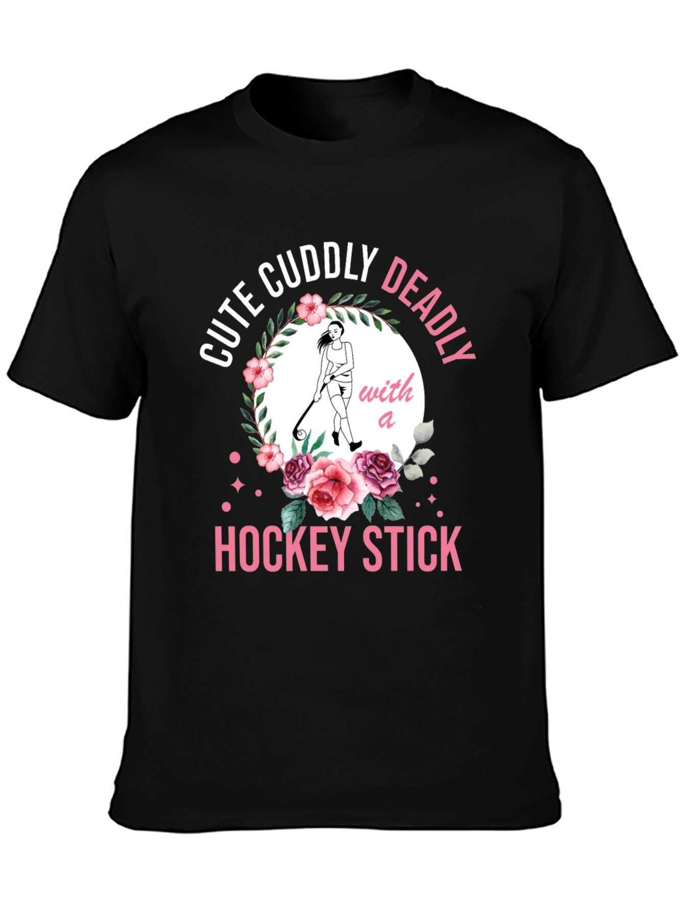 Black Cute Cuddly Deadly Hockey Stick T-Shirt view 3