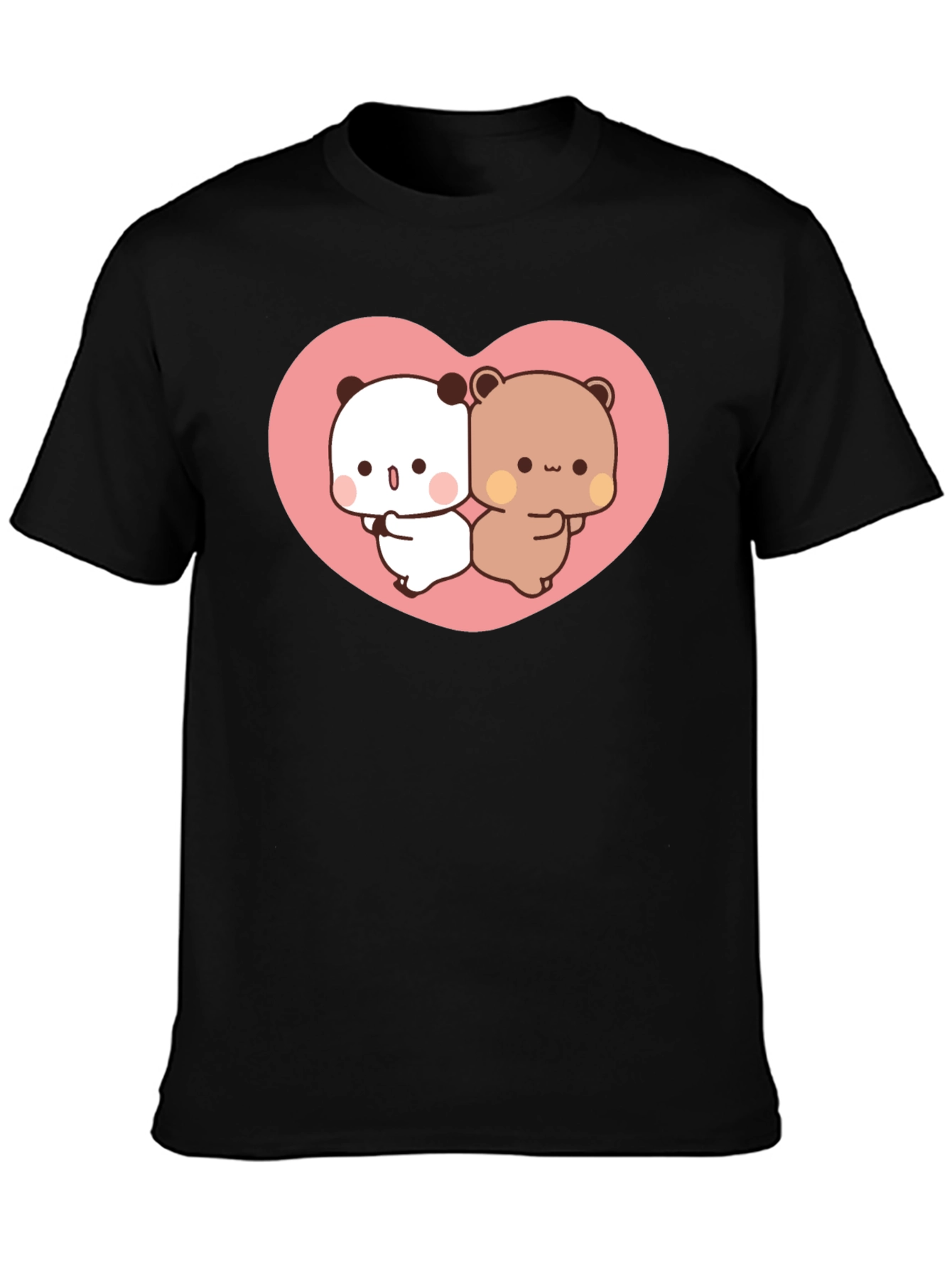 Black Cute Kawaii Bear Heart Graphic Black T-Shirt view 3