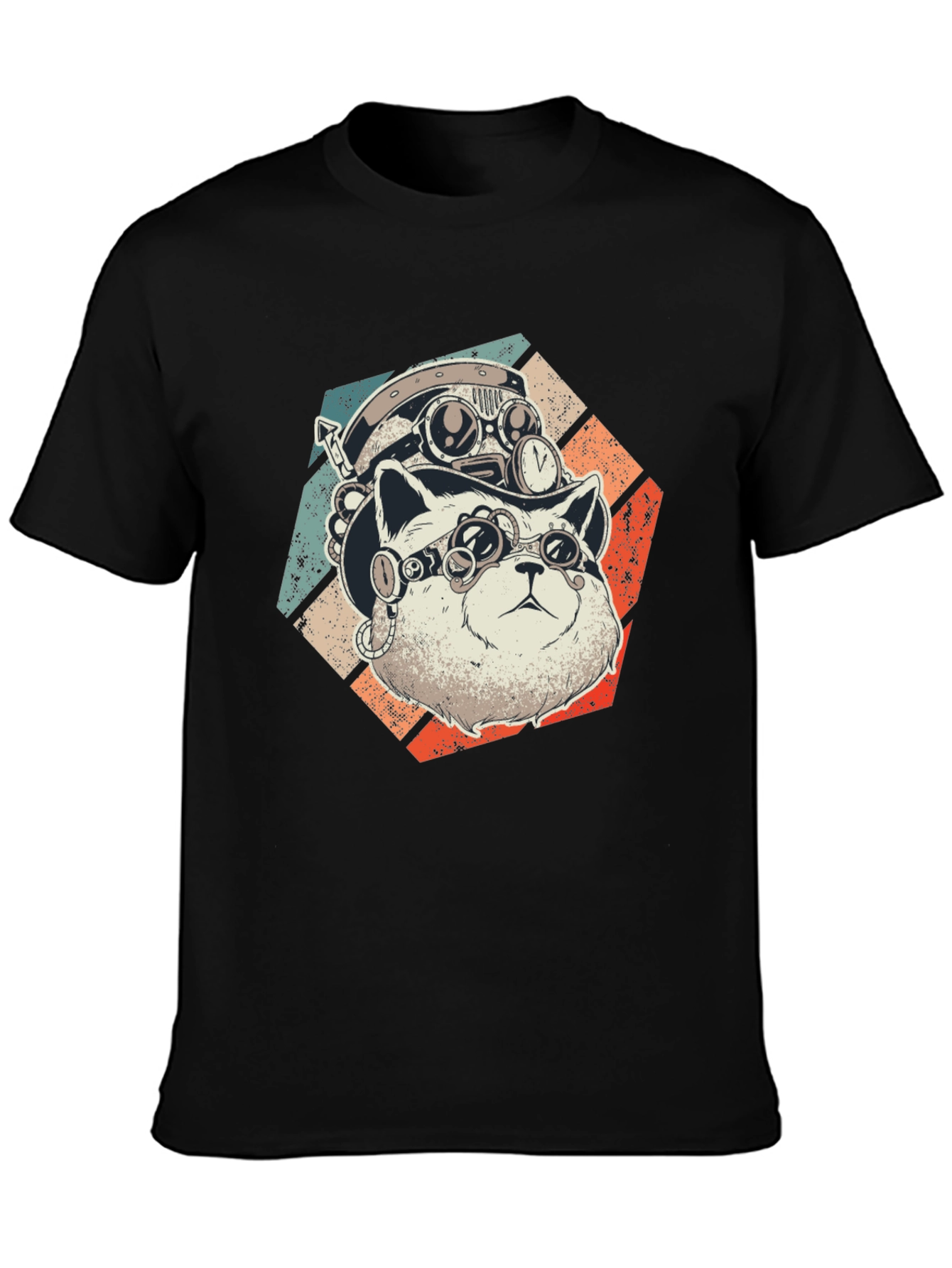 Black Steampunk Cat T-Shirt - Retro Style  view 3