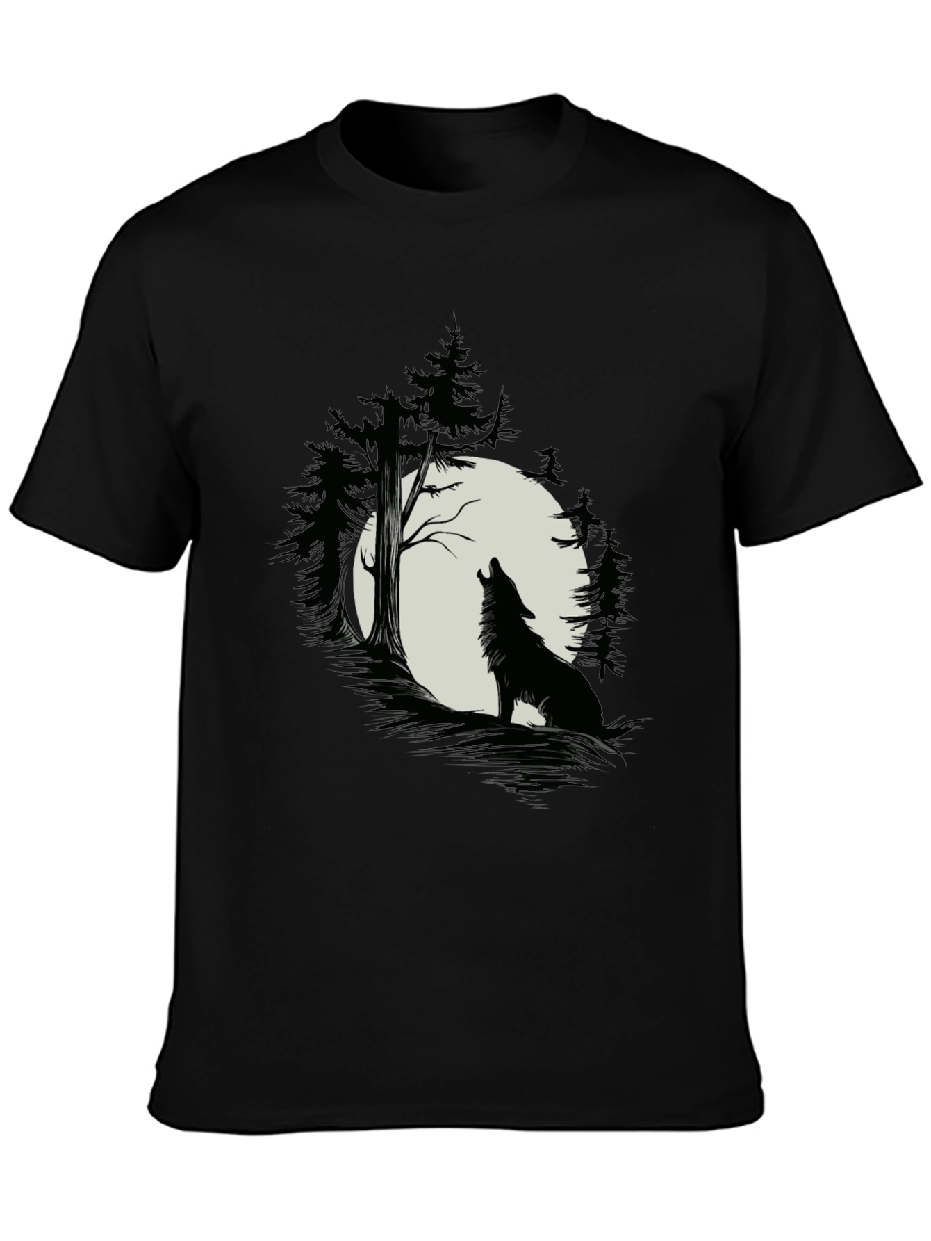 Black Wolf Howling at Moon T-Shirt - Black Cotton Tee view 3