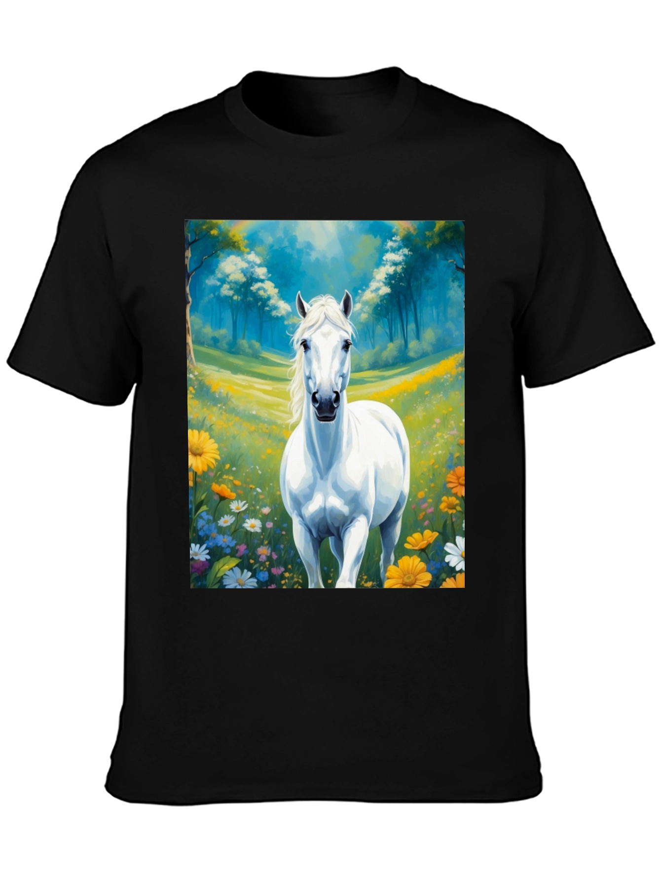 Black White Horse in Meadow Graphic Tee view 3