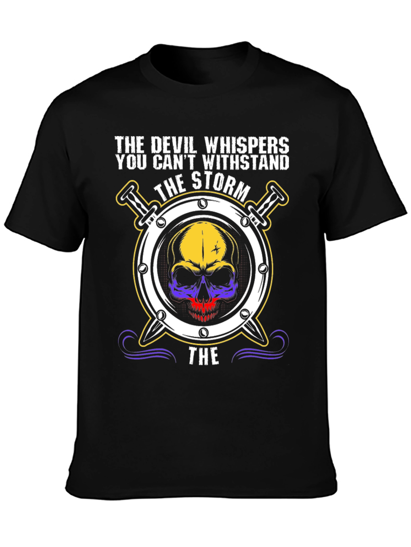 Black The Devil Whispers T-Shirt: Storm Skull Design view 3