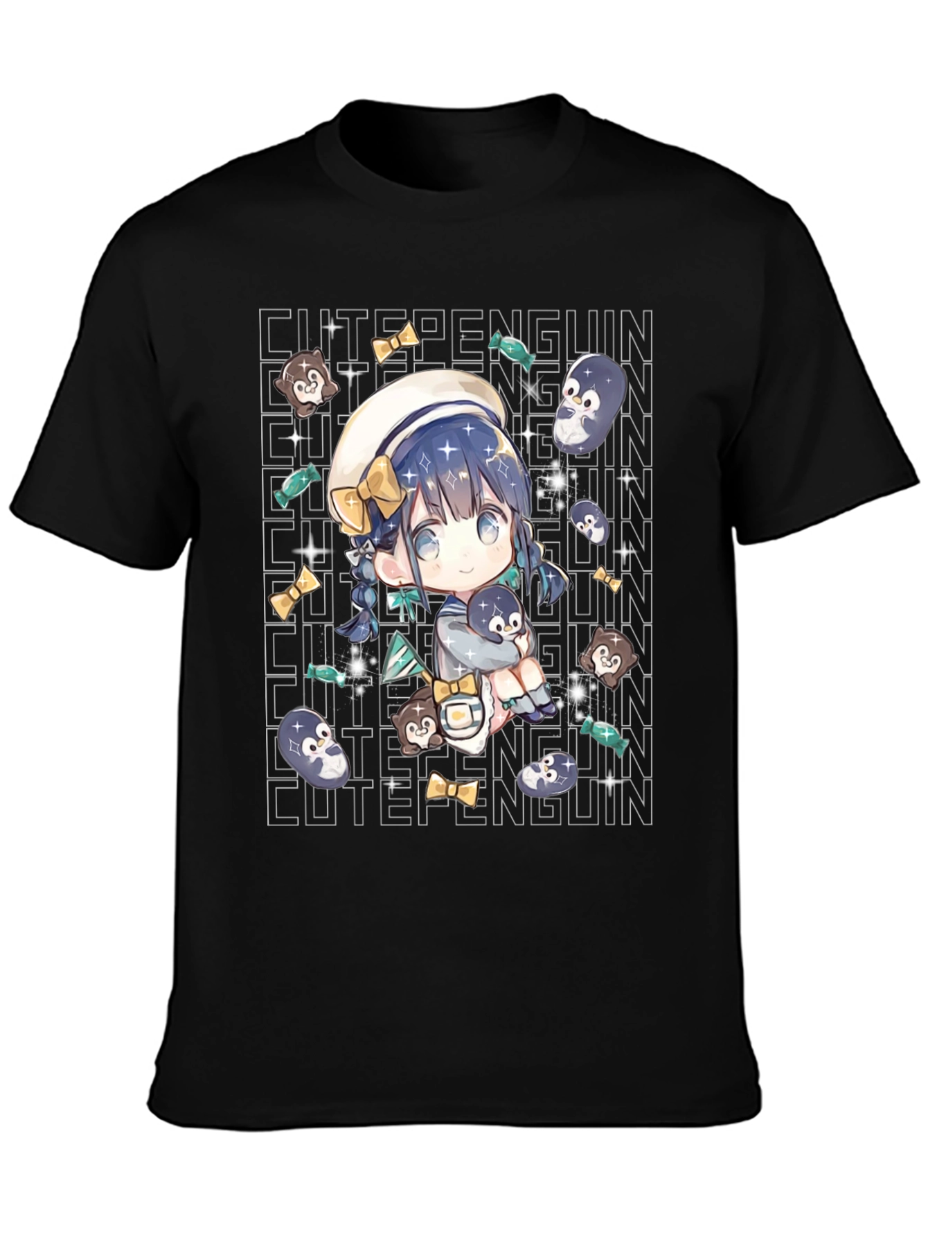 Black Anime Cute Penguin Black T-Shirt view 3