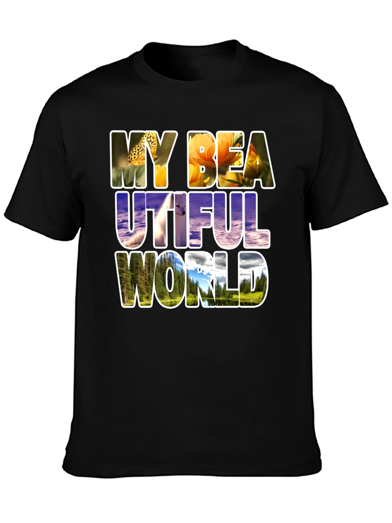 Black Nature Filled Graphic Tee - "My Beautiful World" T-Shirt view 3