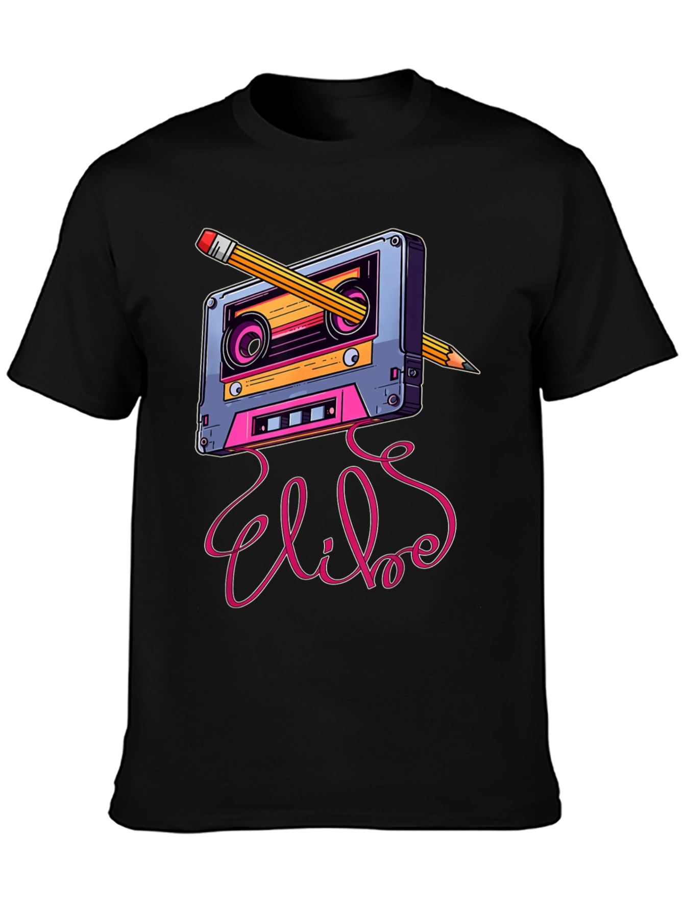 Black Retro Cassette Tape & Pencil Graphic Tee view 3