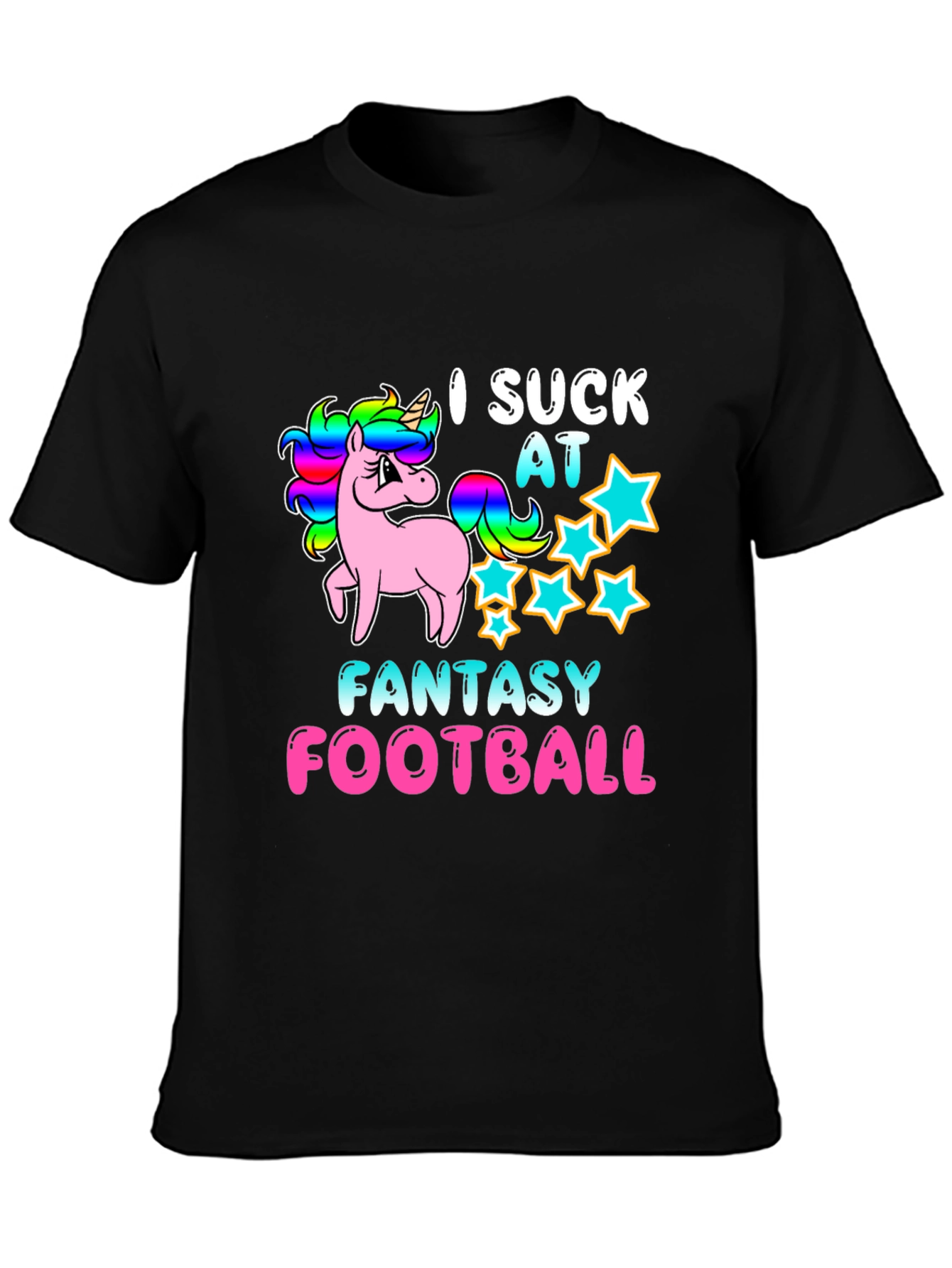 Black I Suck At Fantasy Football Unicorn T-Shirt view 3