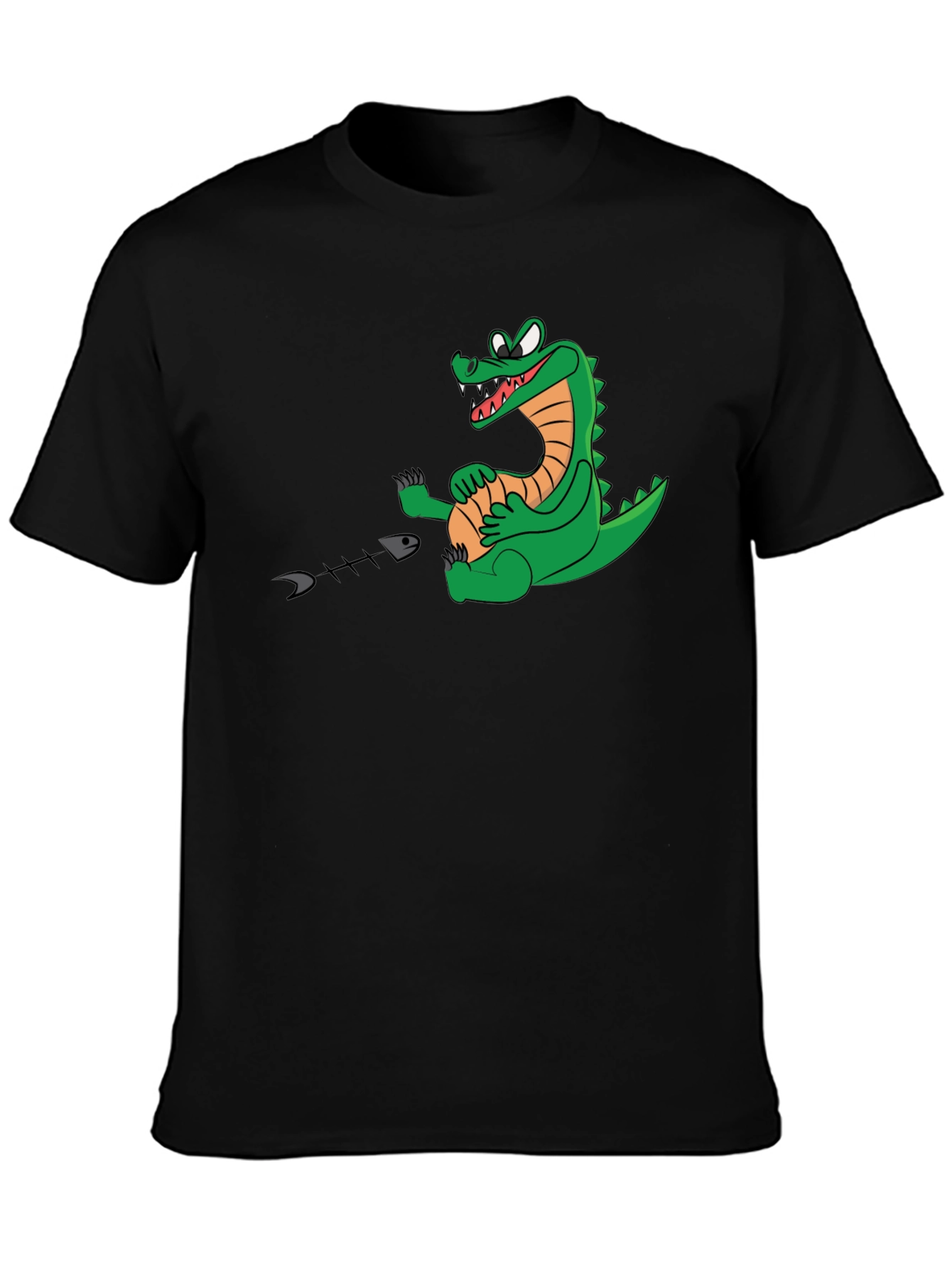 Black Alligator Eating Fish T-Shirt - Black Cotton Tee view 3