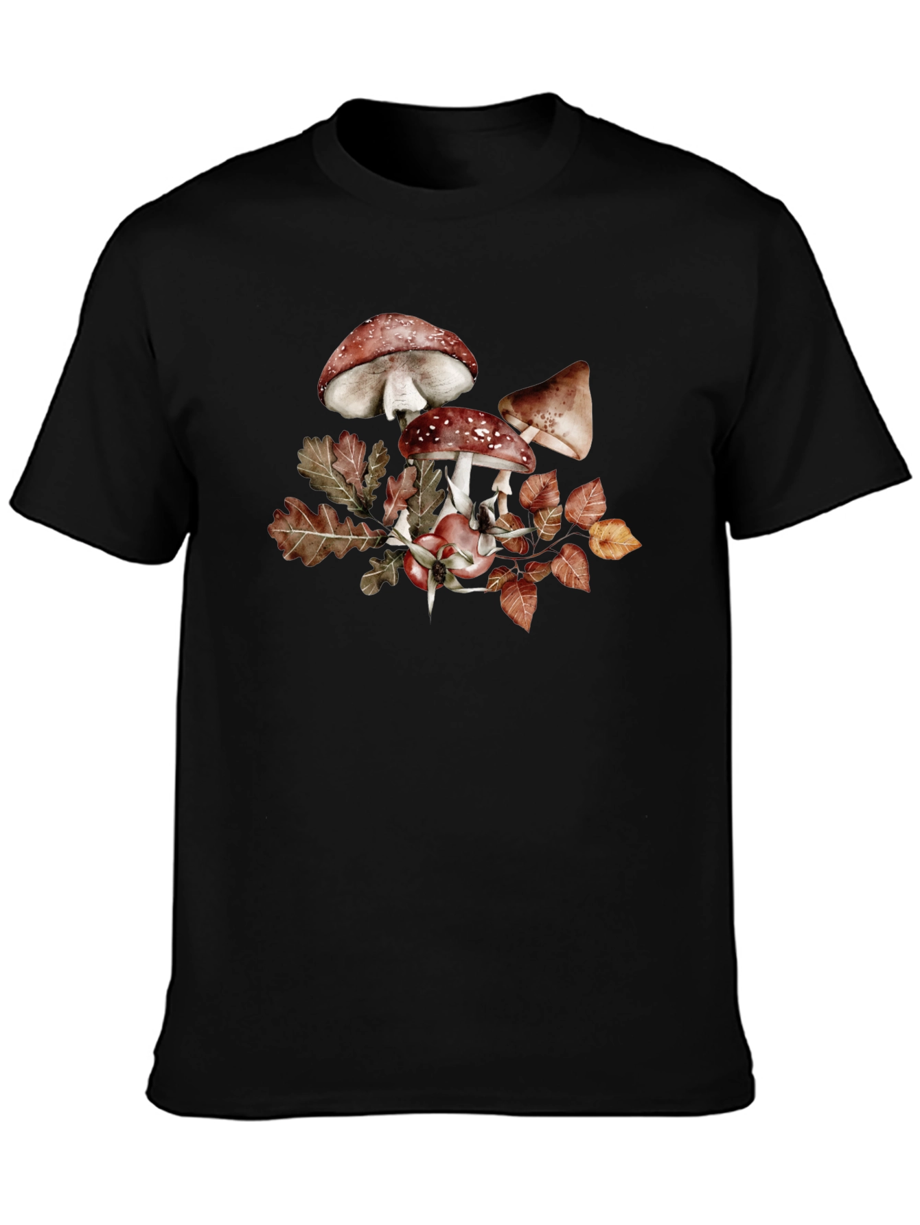 Black Mushroom & Leaves Graphic Tee - Black Cotton view 3
