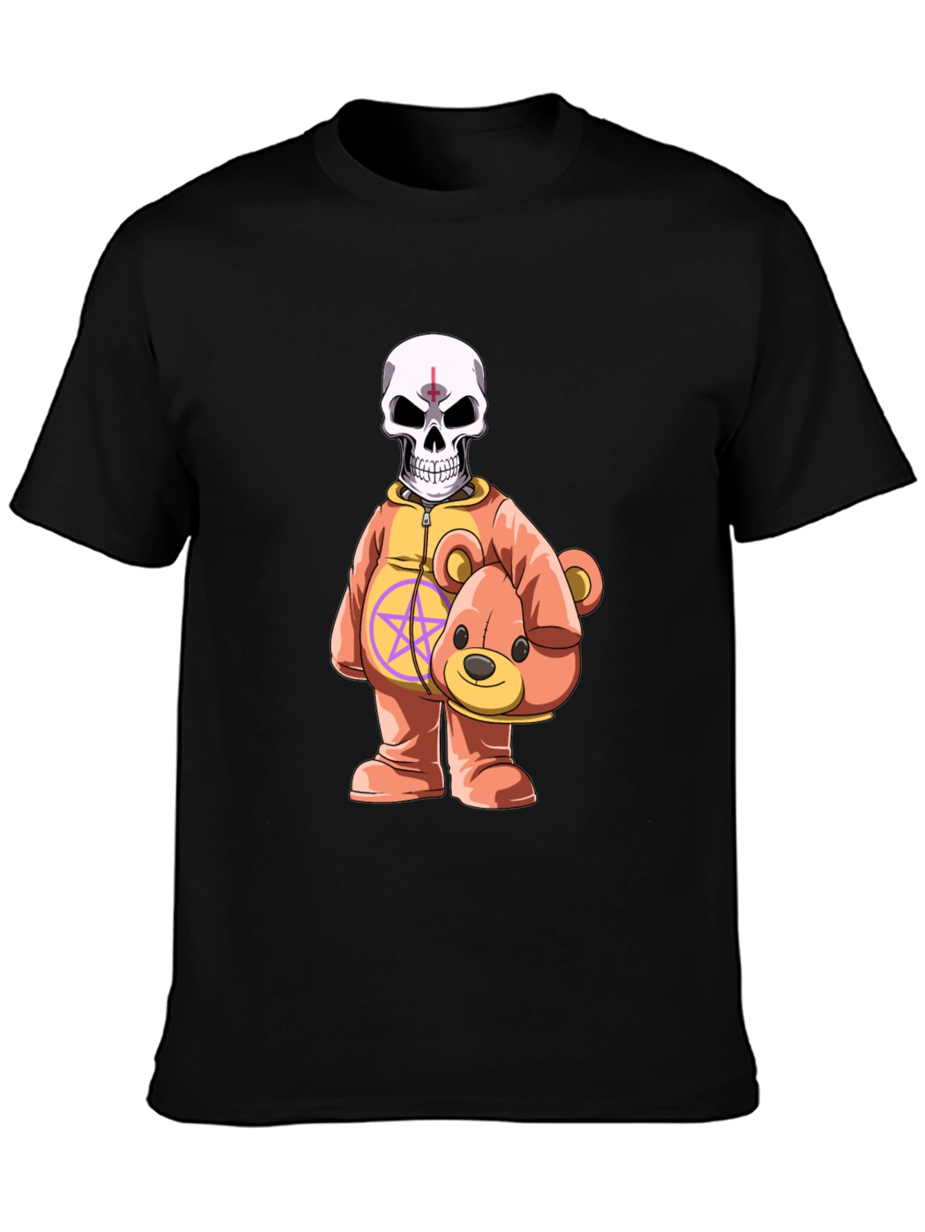 Black Skull Teddy Bear Graphic Tee - Edgy Novelty Shirt view 3