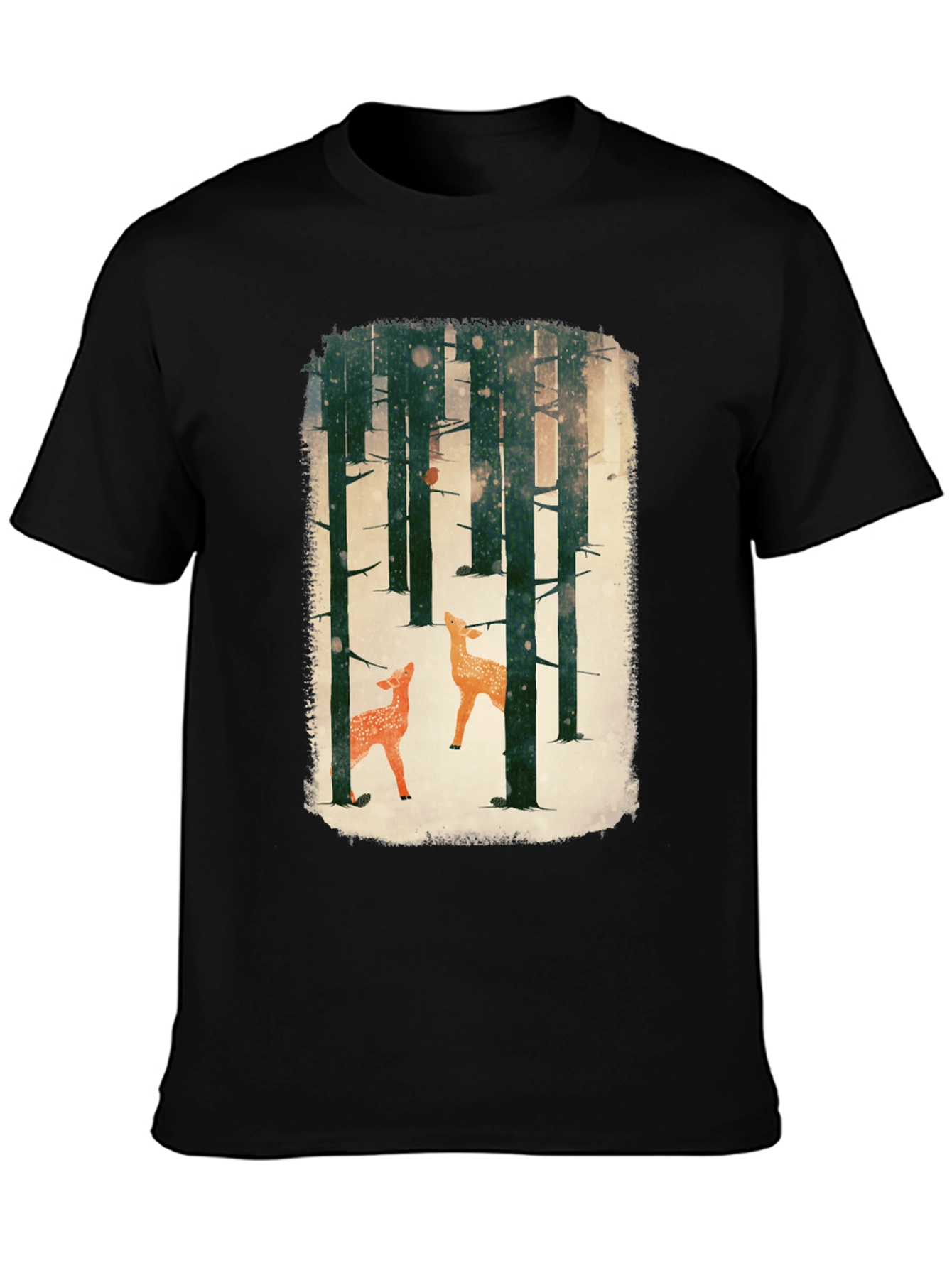 Black Winter Forest Deer Graphic Tee - Black Cotton Blend view 3