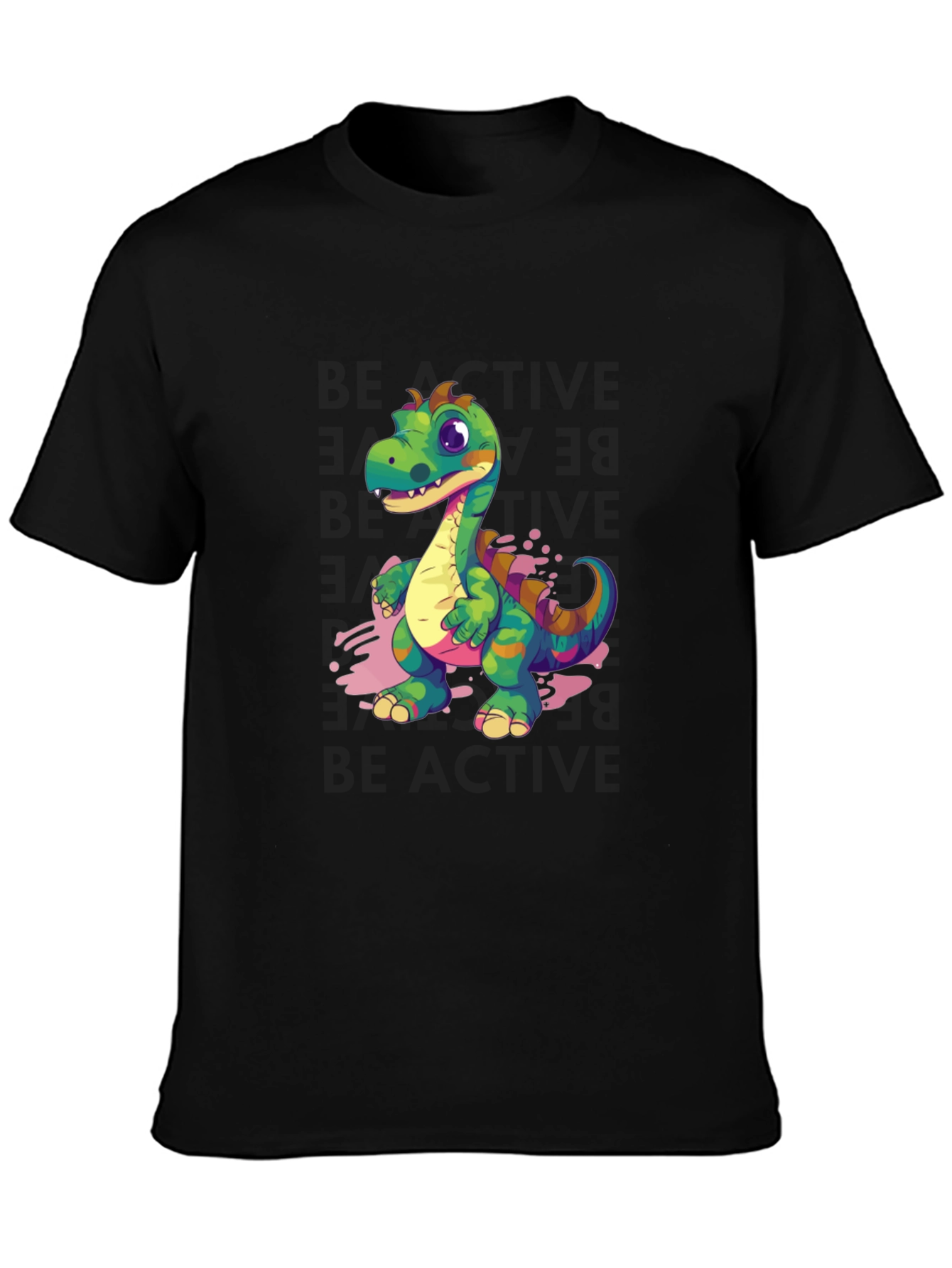 Black Cartoon Dinosaur Graphic Tee - Black view 3