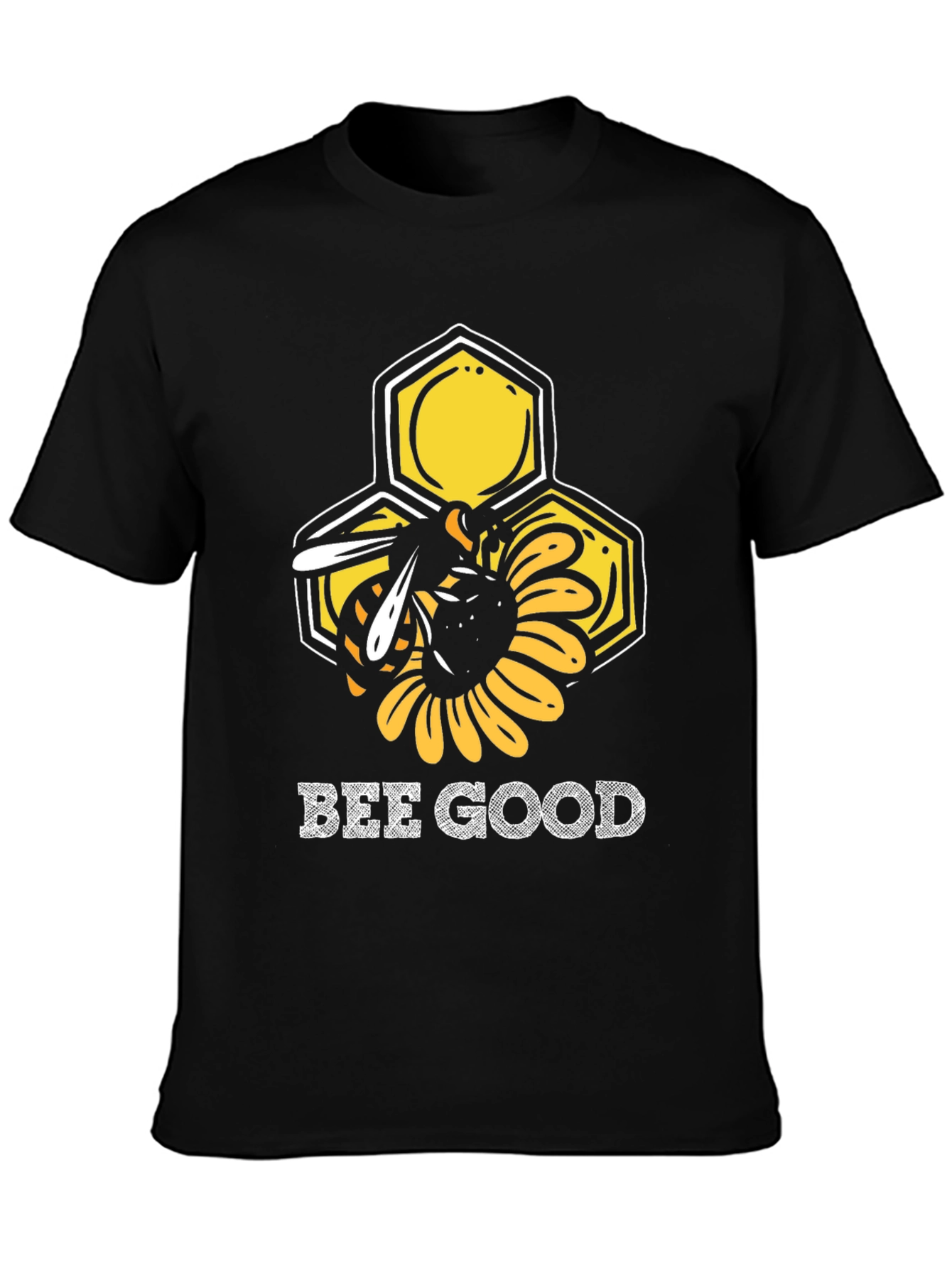 Black Bee Good Graphic T-Shirt - Honeycomb & Sunflower Design view 3