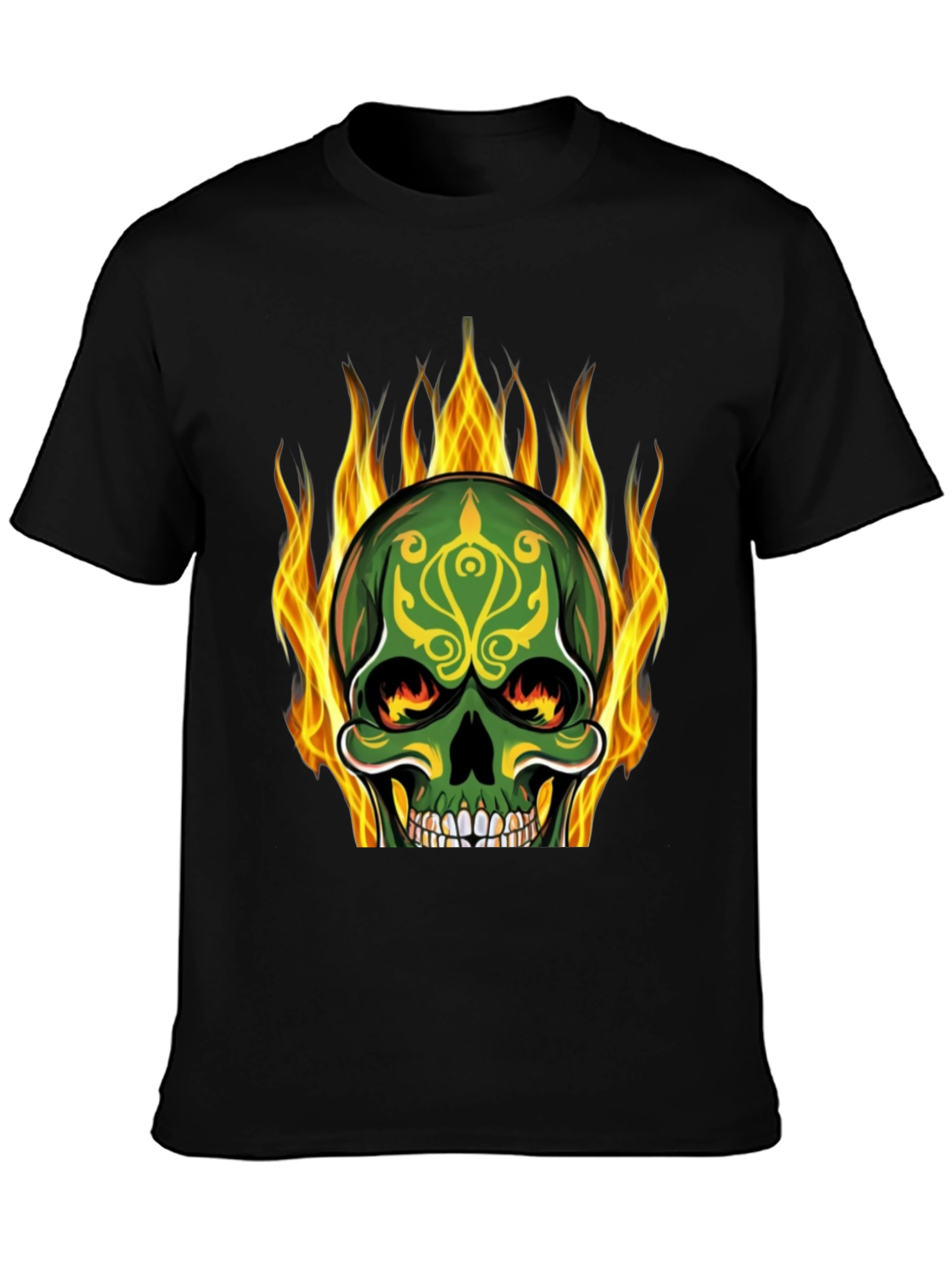 Black Flaming Skull Graphic Tee - Black Cotton T-Shirt view 3