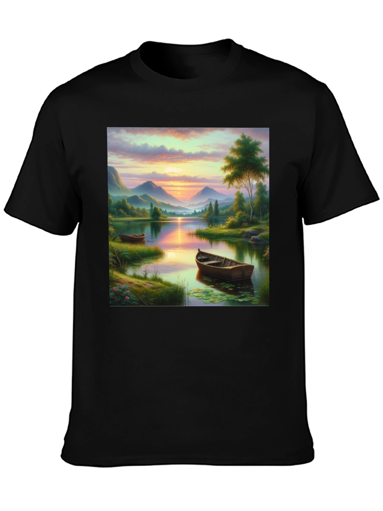 Black Lake Sunset Boat T-Shirt - Artistic Graphic Tee view 3
