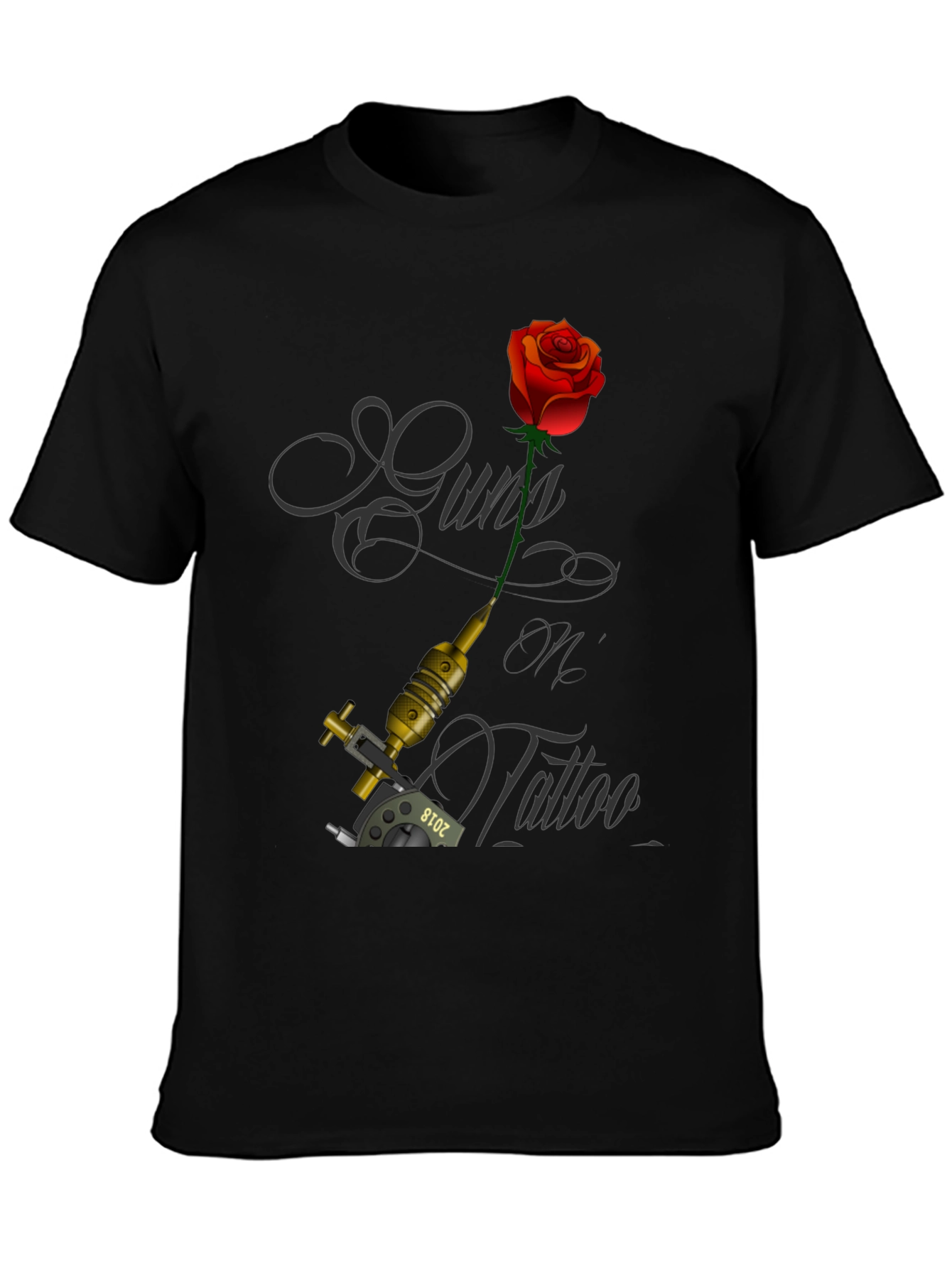 Guns Oil Tattoo Black T-Shirt with Rose and Tattoo Machine - 3