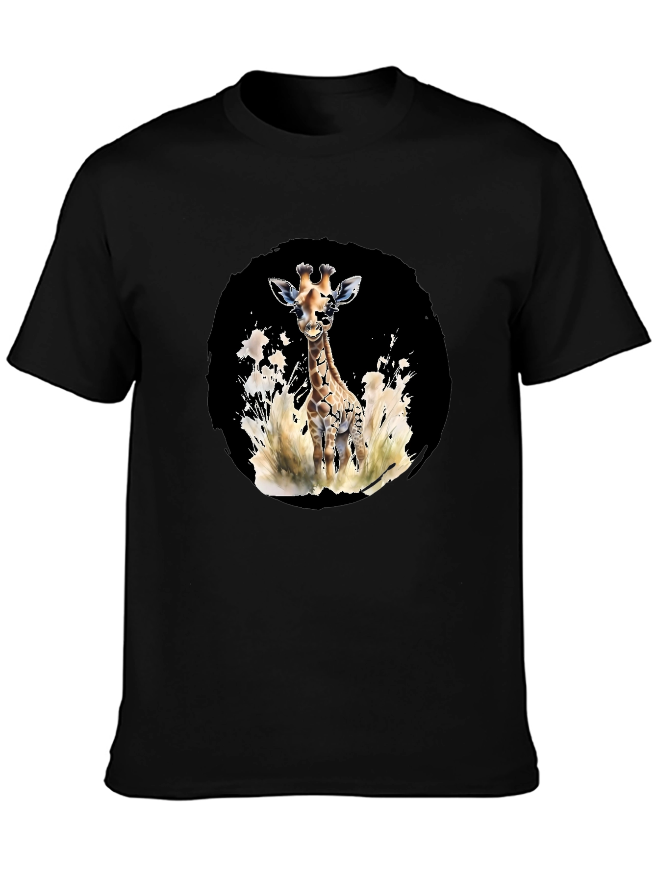 Black Giraffe Watercolor Graphic Tee - Casual Black T-Shirt view 3