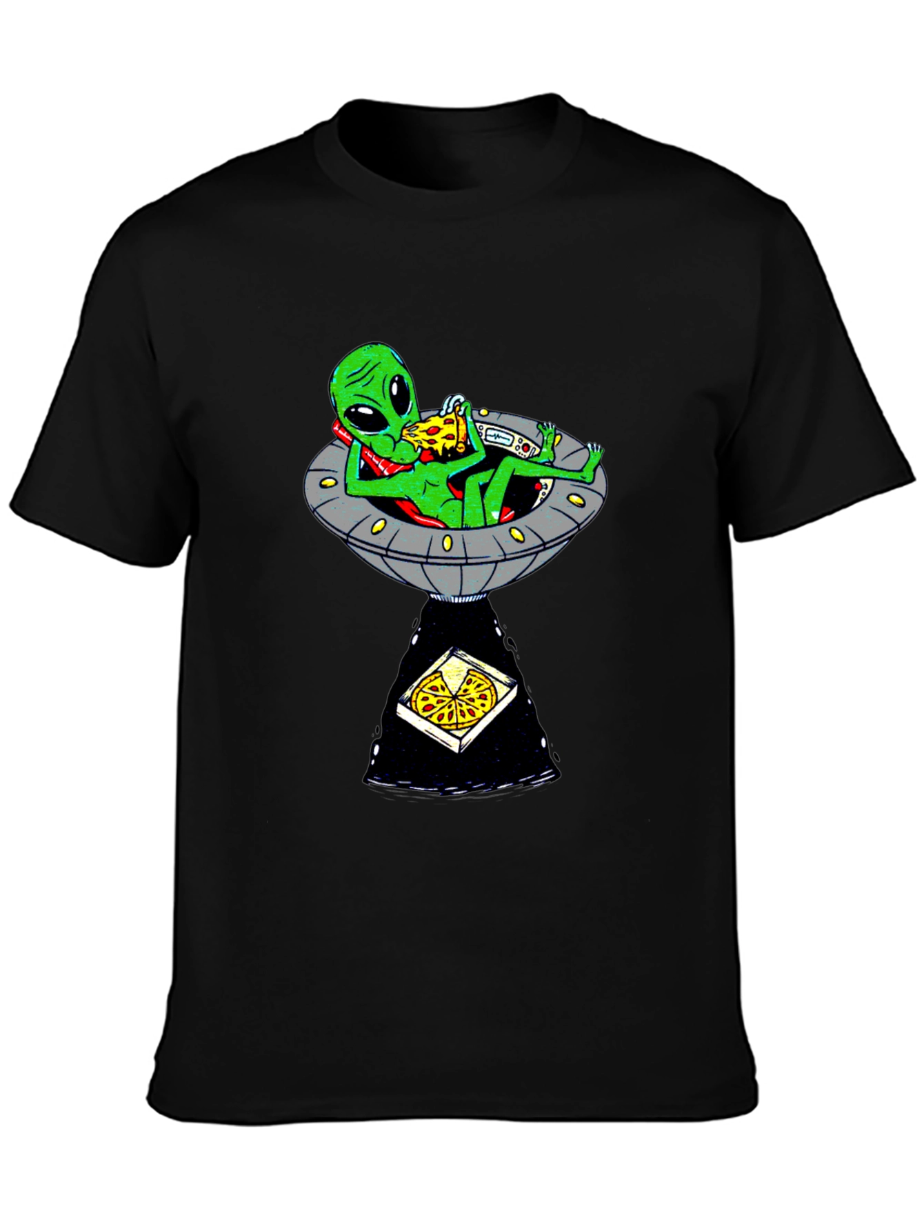 Black Alien Pizza UFO Graphic Tee - Black Cotton T-Shirt view 3