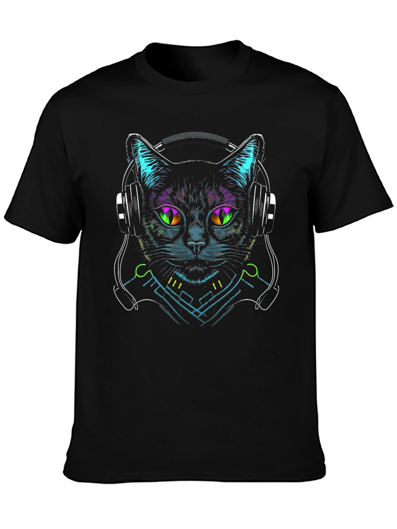 Black Cyberpunk Cat Headphone T-Shirt view 3