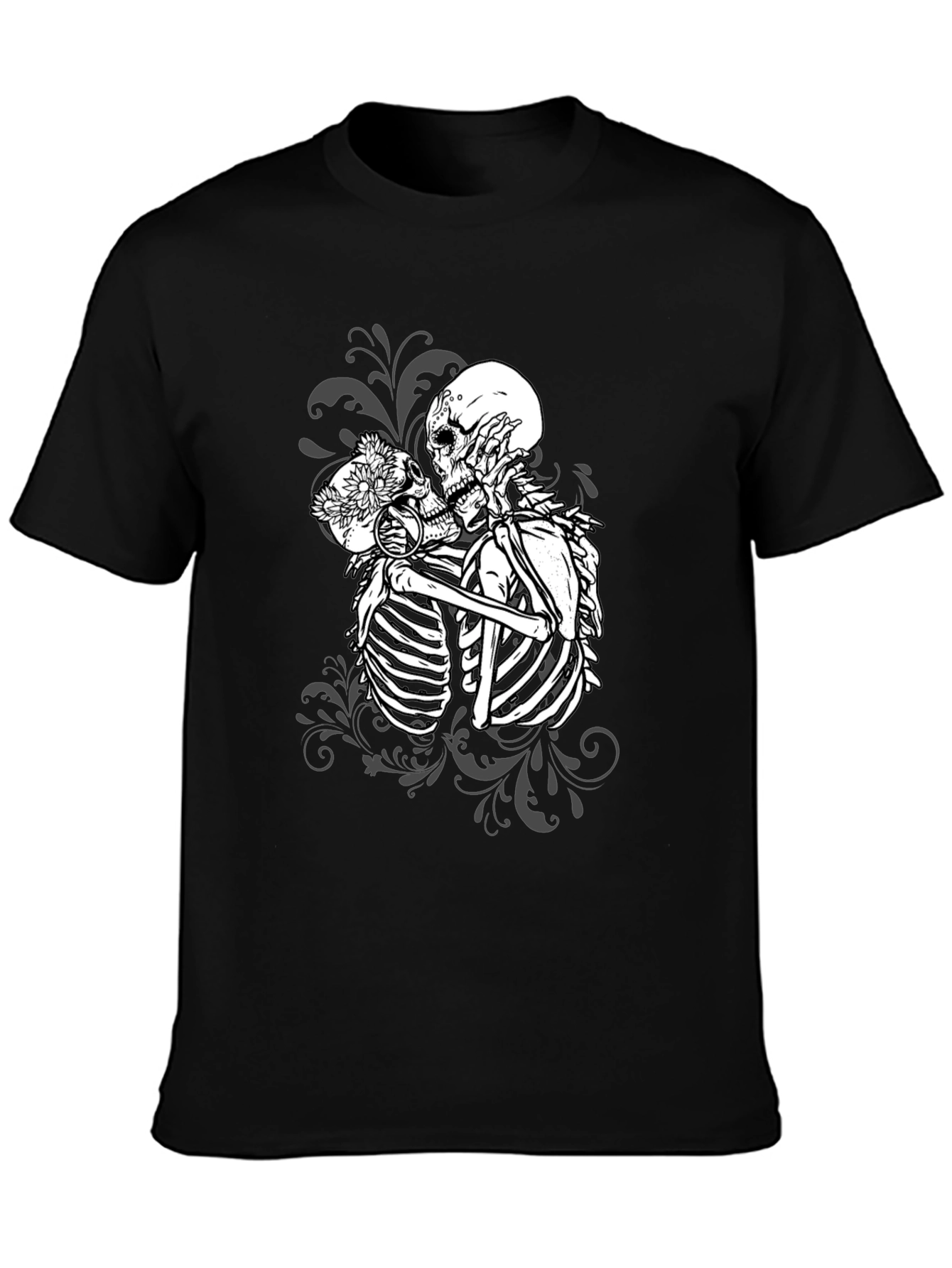 Black Kissing Skeletons Graphic Tee - Gothic Romance T-Shirt view 3