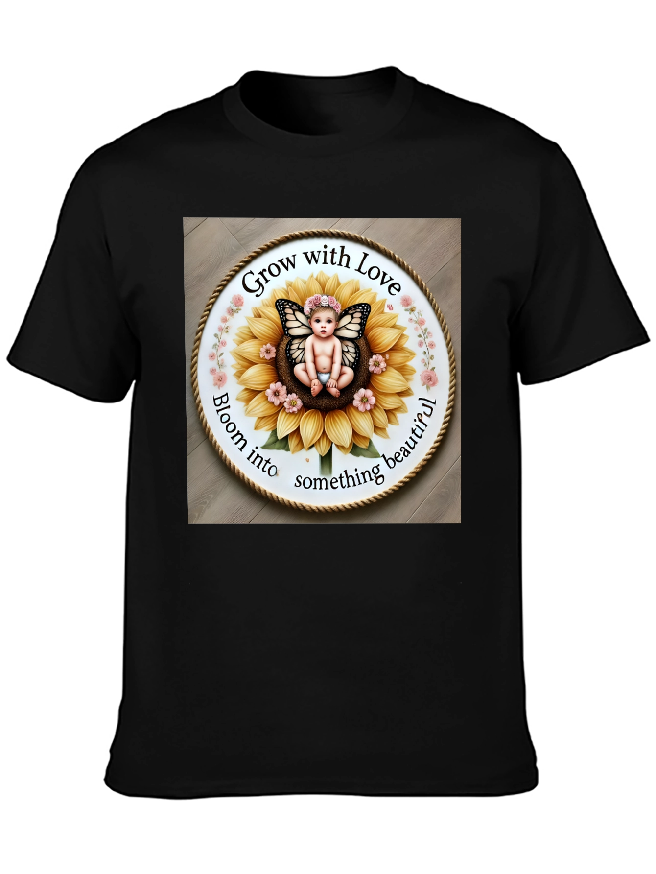 Black Grow with Love T-Shirt - Cute Butterfly Baby Sunflower Design view 3