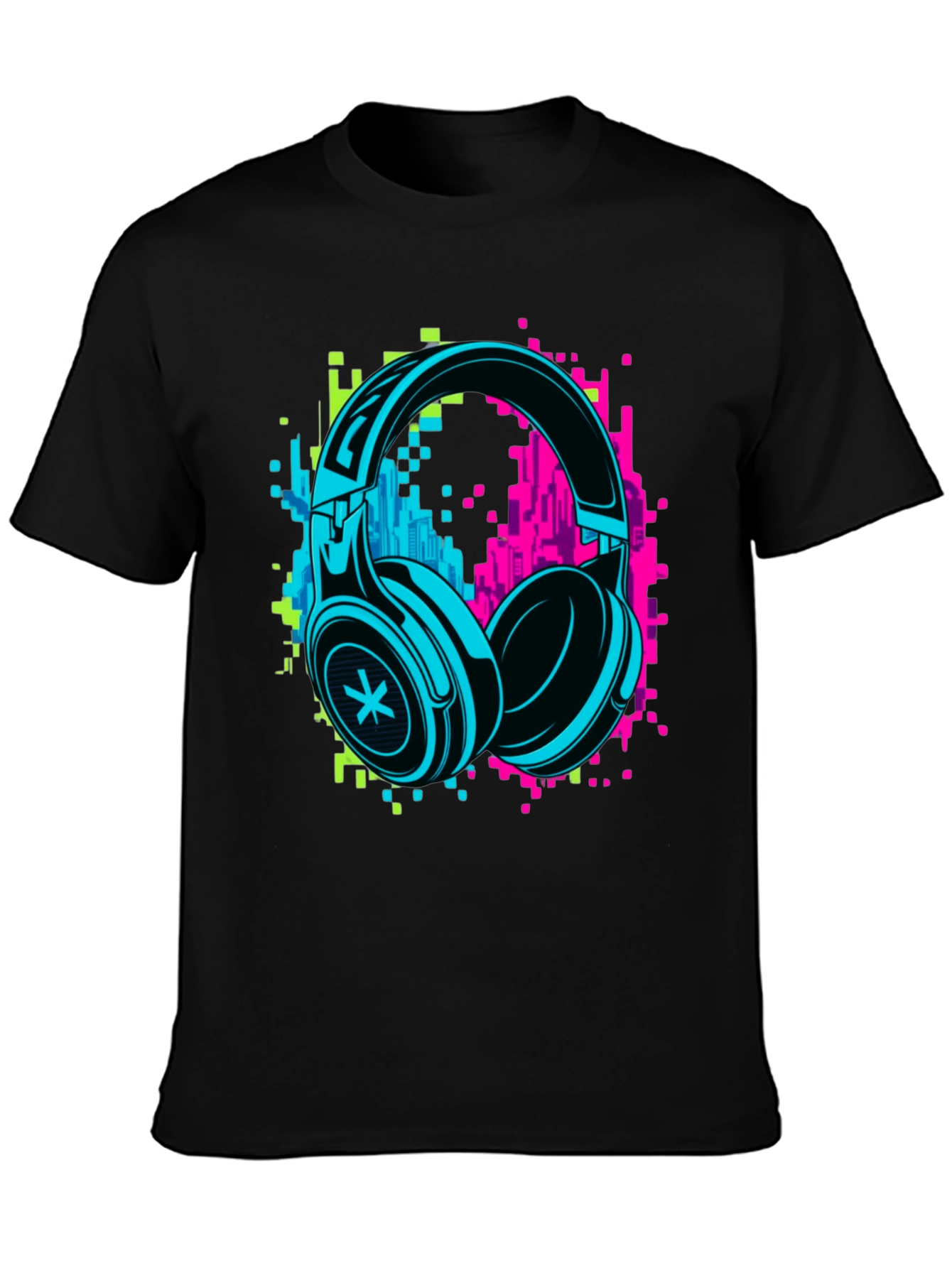 Black Neon Headphones Graphic Black T-Shirt view 3