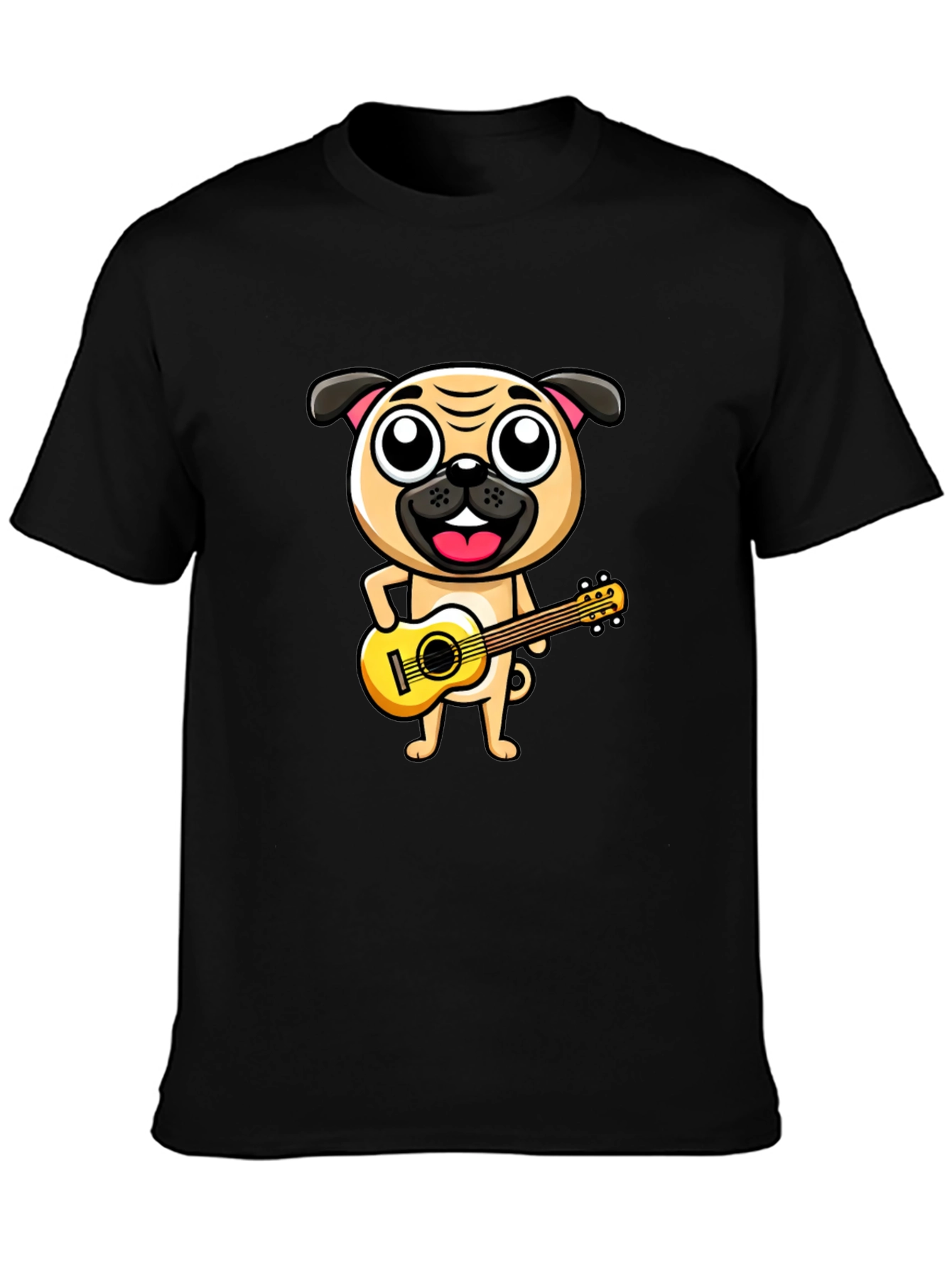Black Pug Playing Guitar T-Shirt - Black Cotton Tee view 3