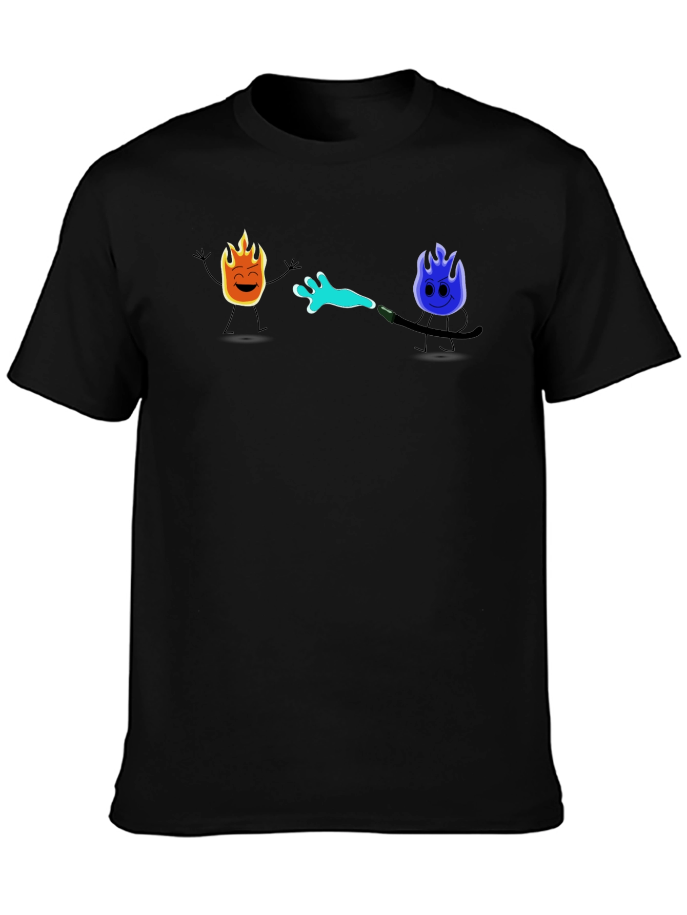 Black Cool Cartoon Fire & Water T-Shirt view 3