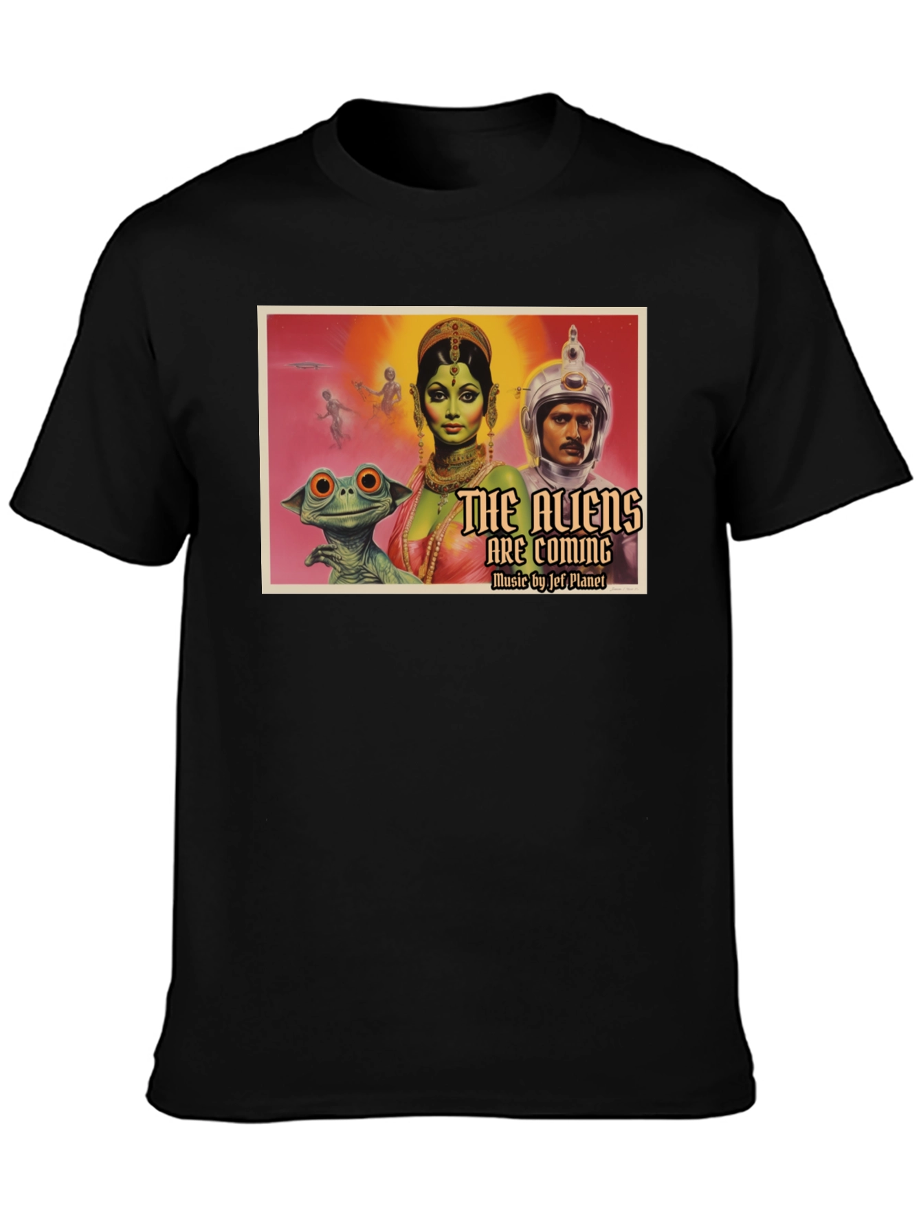 Black Retro Sci-Fi Alien Invasion Graphic T-Shirt view 3