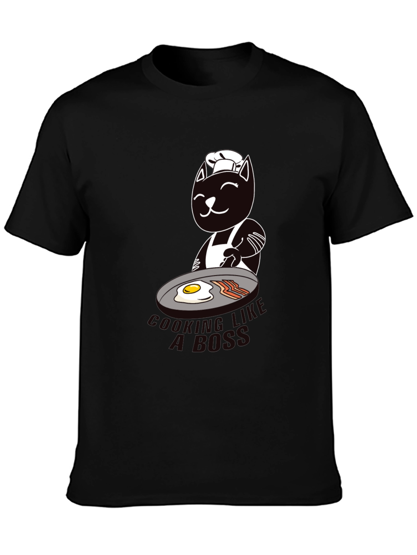 Black Chef Cat Cooking Breakfast Graphic T-Shirt view 3
