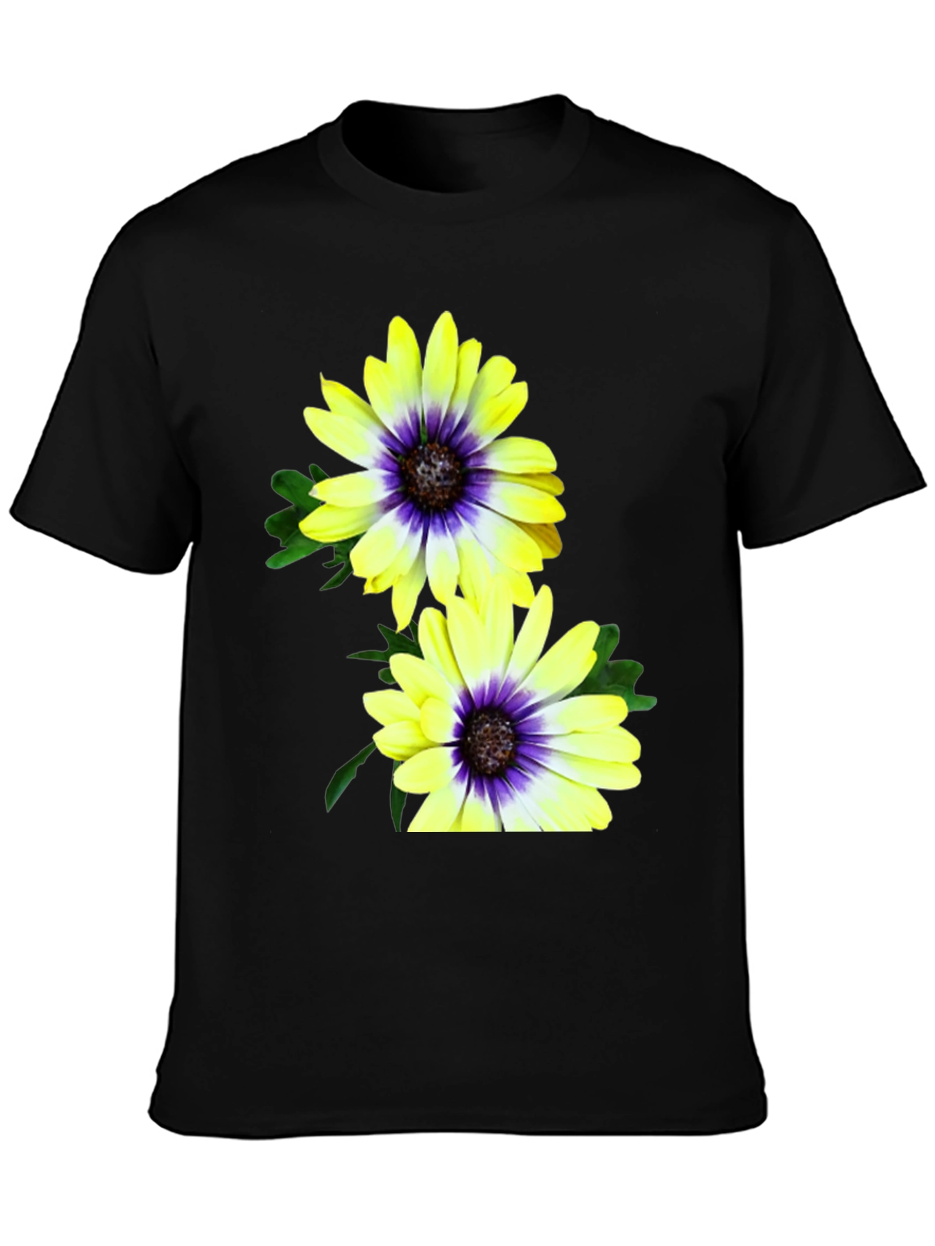 Black Floral T-Shirt: Yellow & Purple Daisy Print view 3
