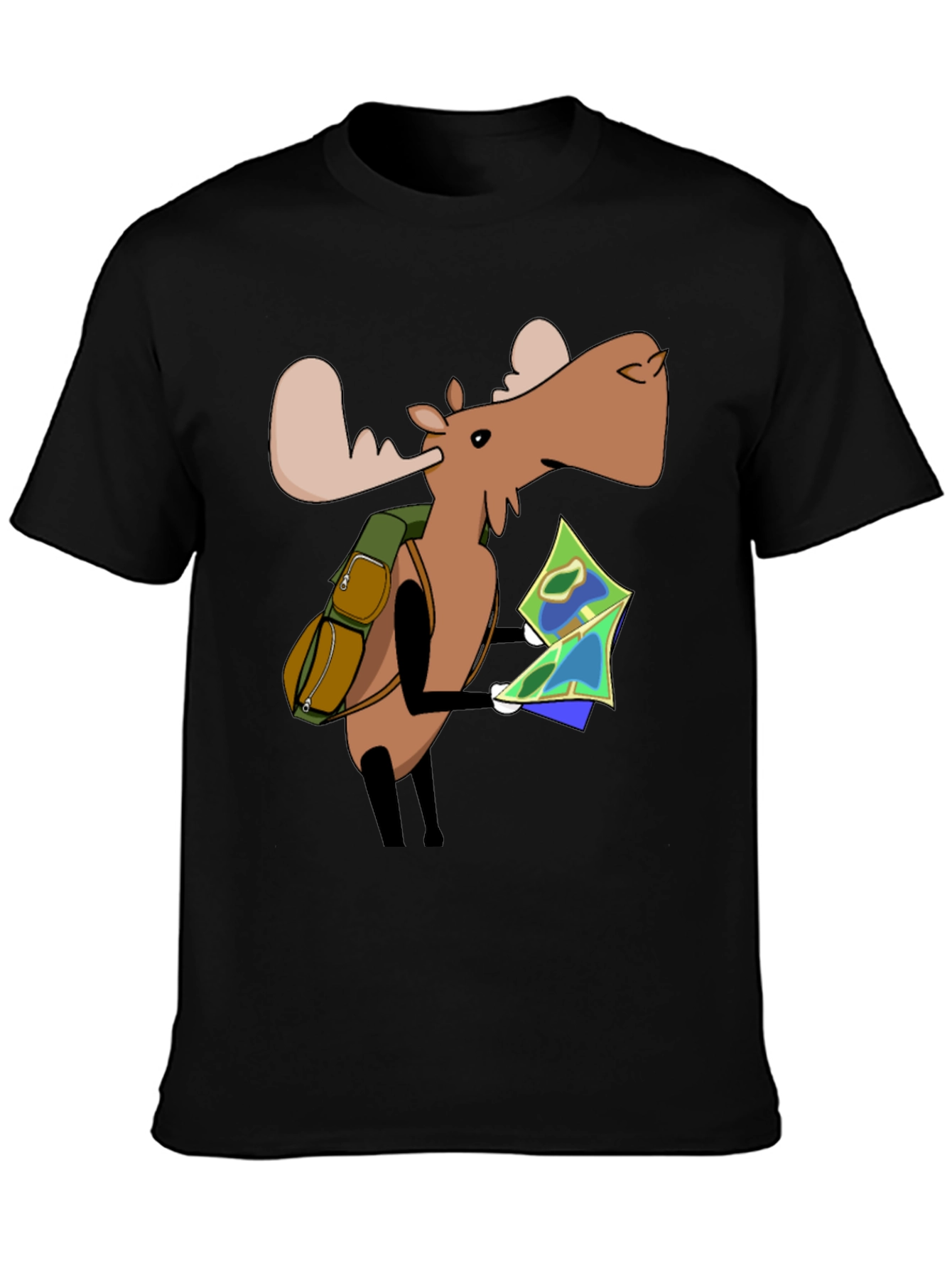 Black Cartoon Moose with Map T-Shirt - Black view 3