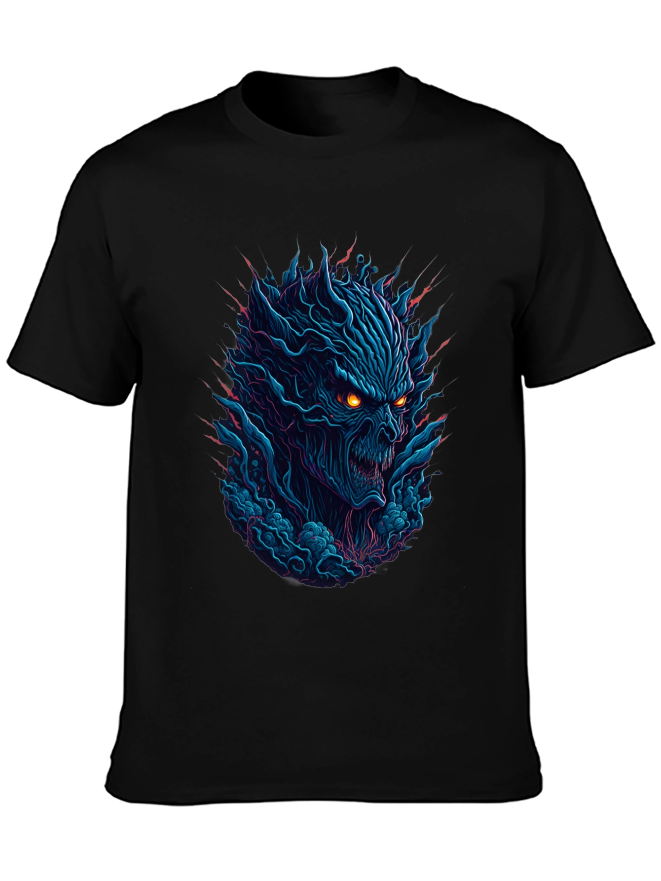 Black Men's Black T-Shirt with Fiery Monster Graphic view 3