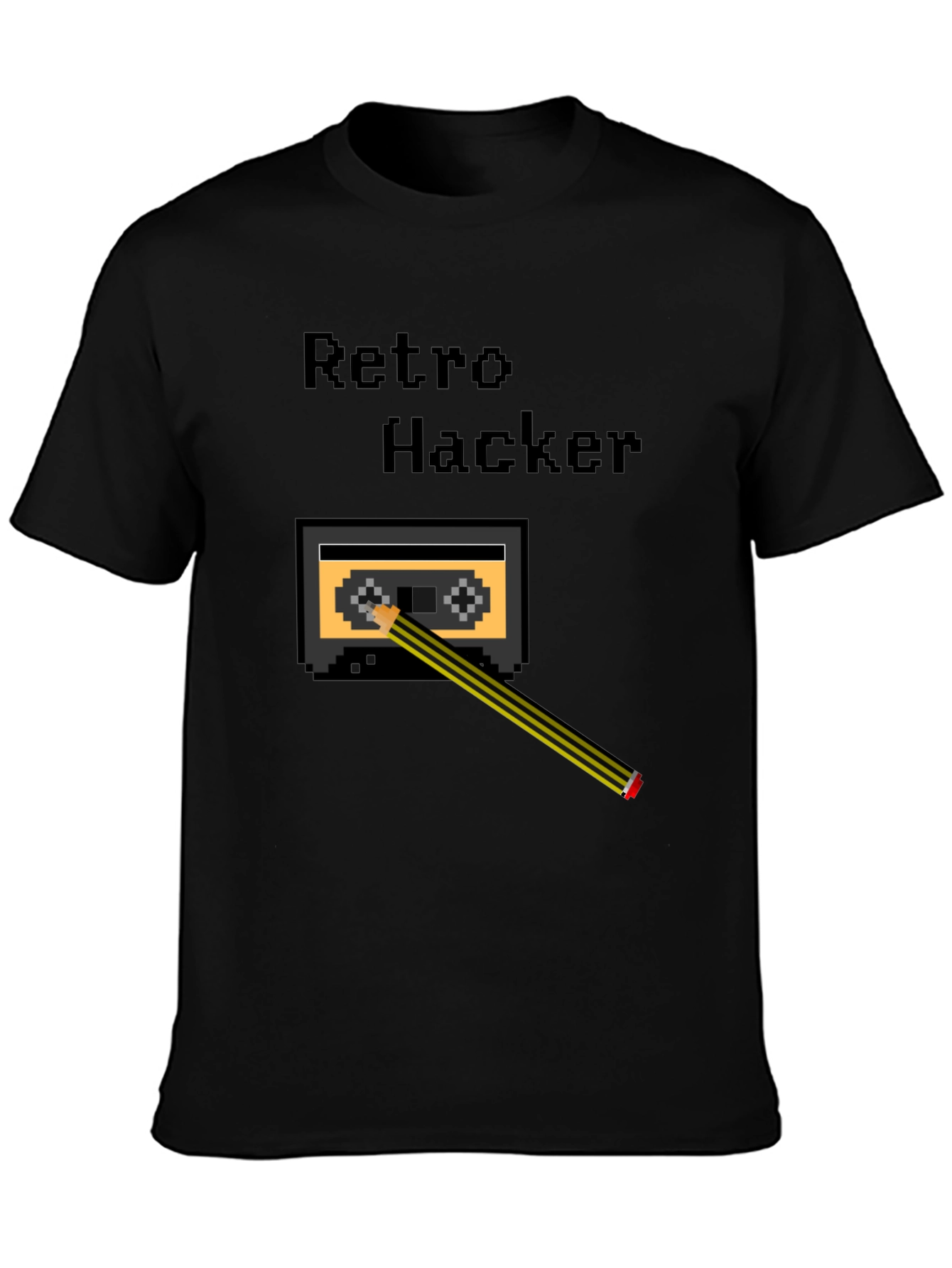 Black Retro Hacker Pixel Art T-Shirt - Cassette and Pencil Design view 3