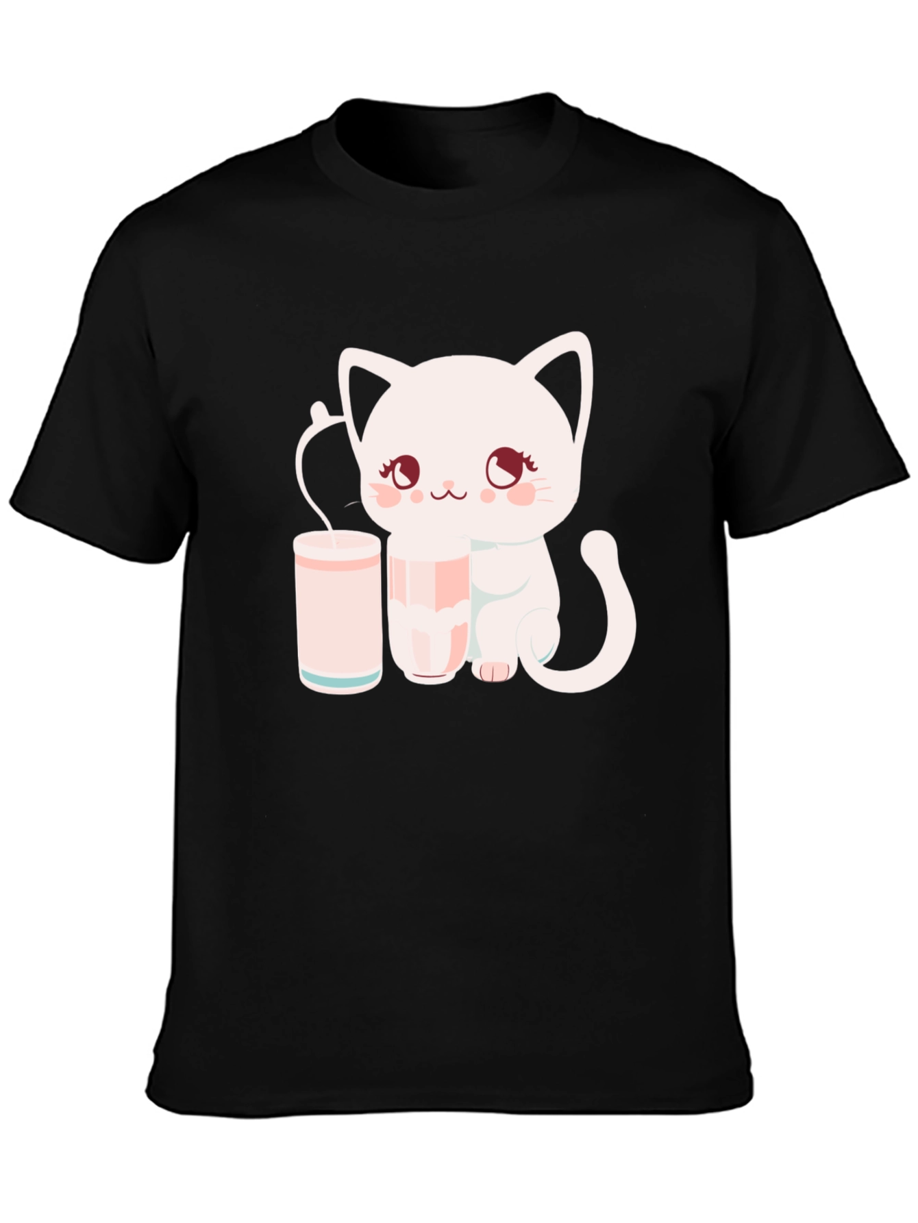Black Cute Kitten with Milk T-Shirt view 3