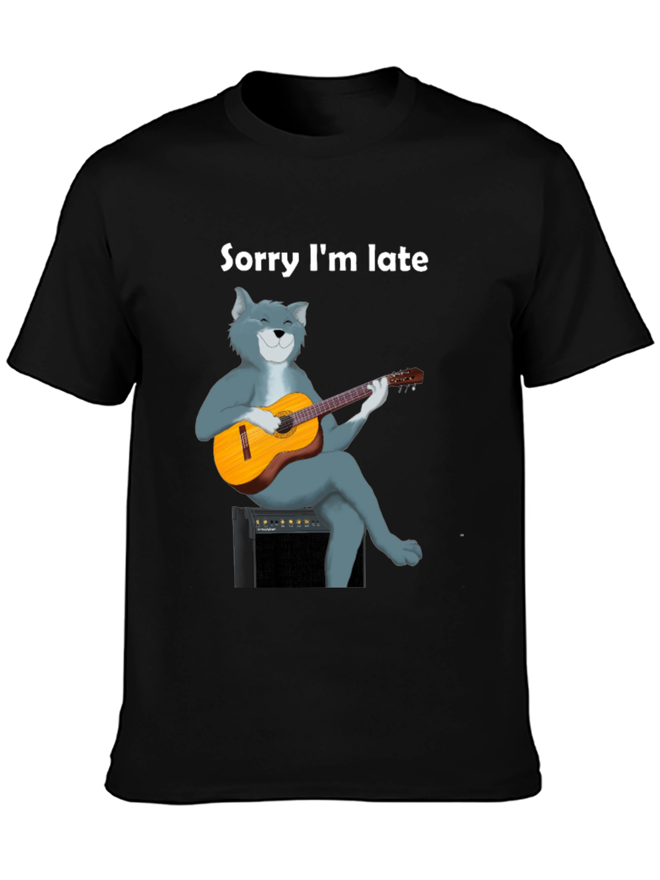 Black Sorry I'm Late Cat Guitar T-Shirt view 3
