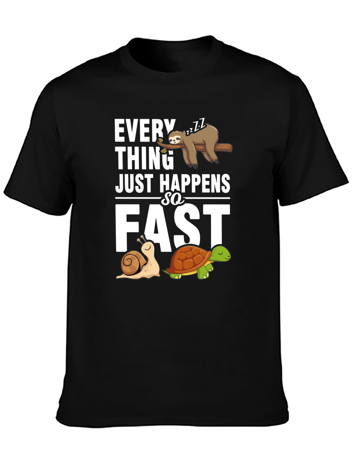 Black Funny Sloth, Snail, and Turtle Graphic T-Shirt view 3