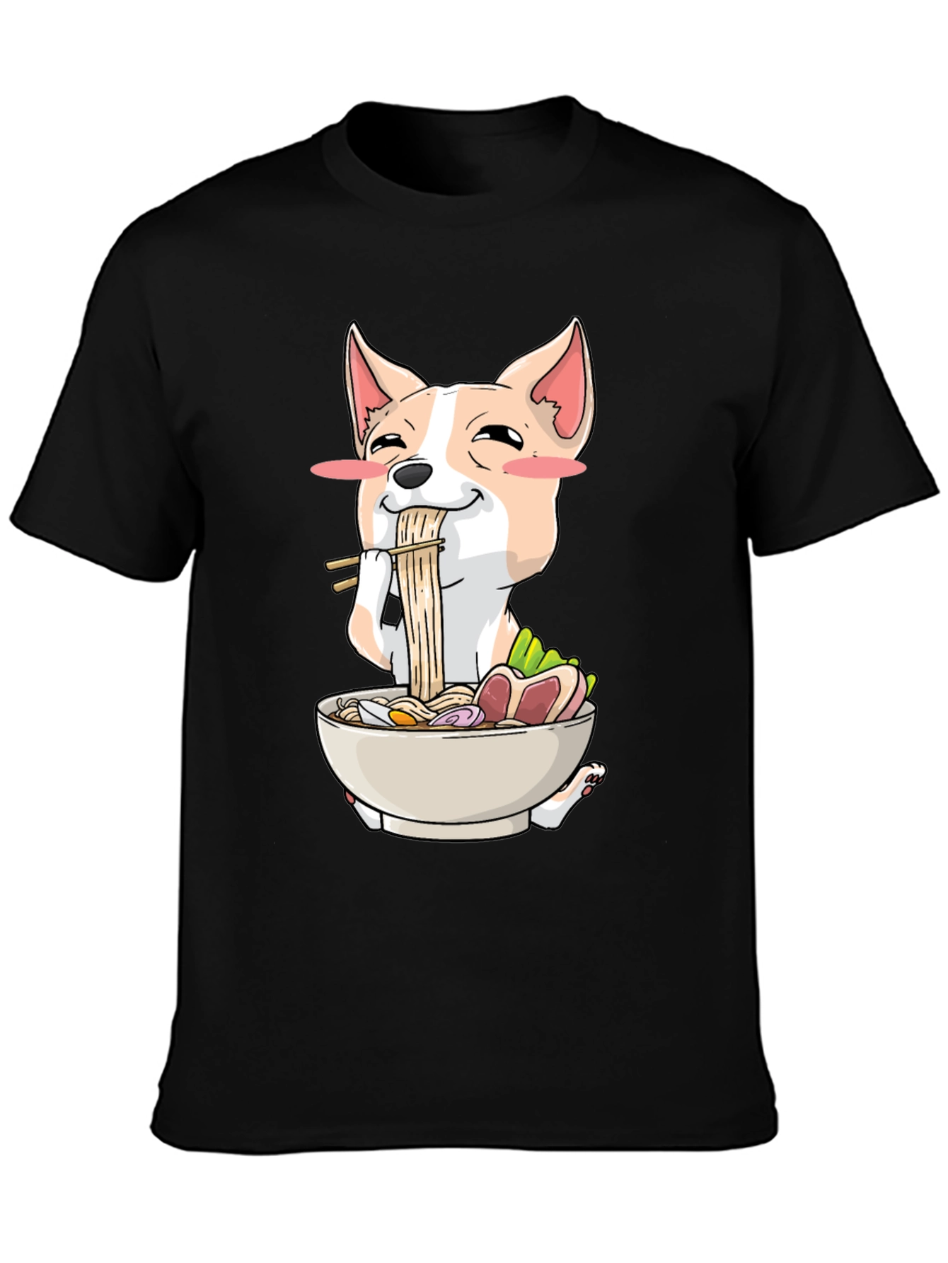 Black Cute Dog Eating Ramen Graphic T-Shirt view 3