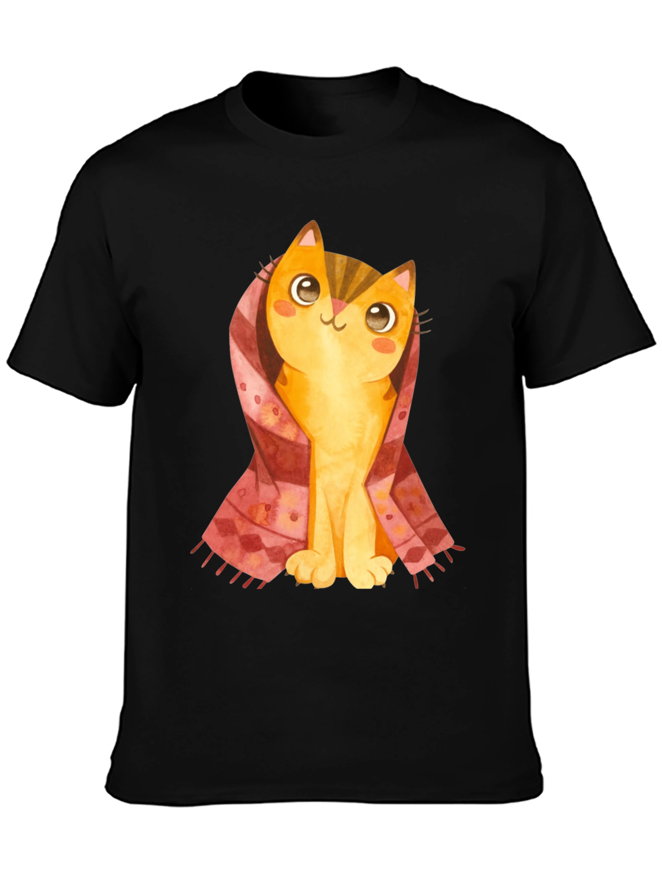 Black Cute Cartoon Cat in Scarf Black T-Shirt view 3