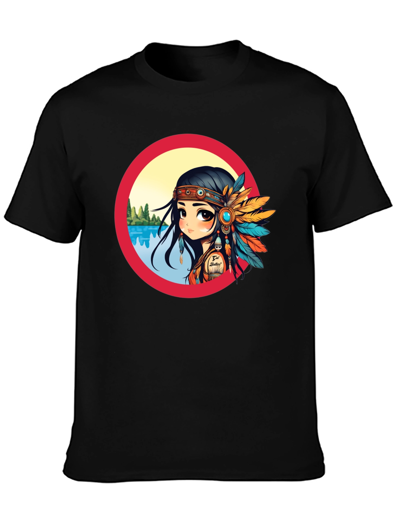 Black Cartoon Native American Girl Graphic Tee view 3