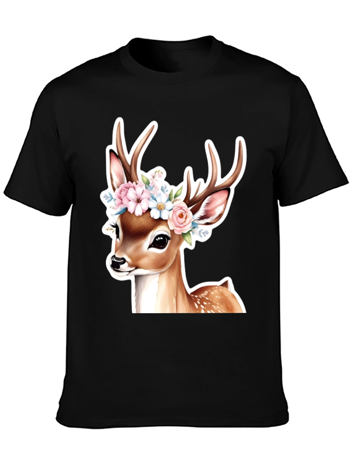 Black Deer Floral Crown Black T-Shirt view 3