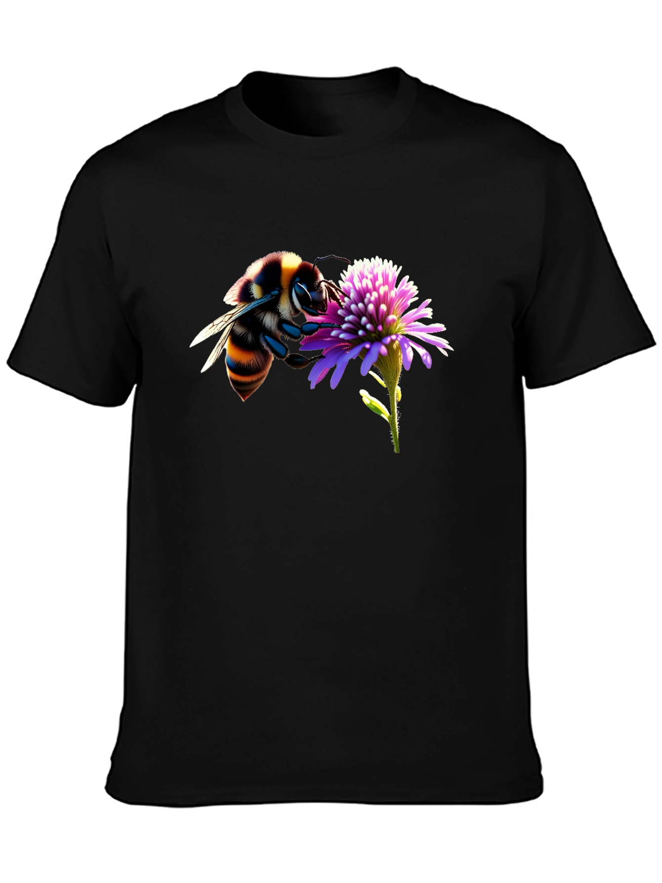 Black Bee on Flower Graphic Tee - Black Cotton T-Shirt view 3
