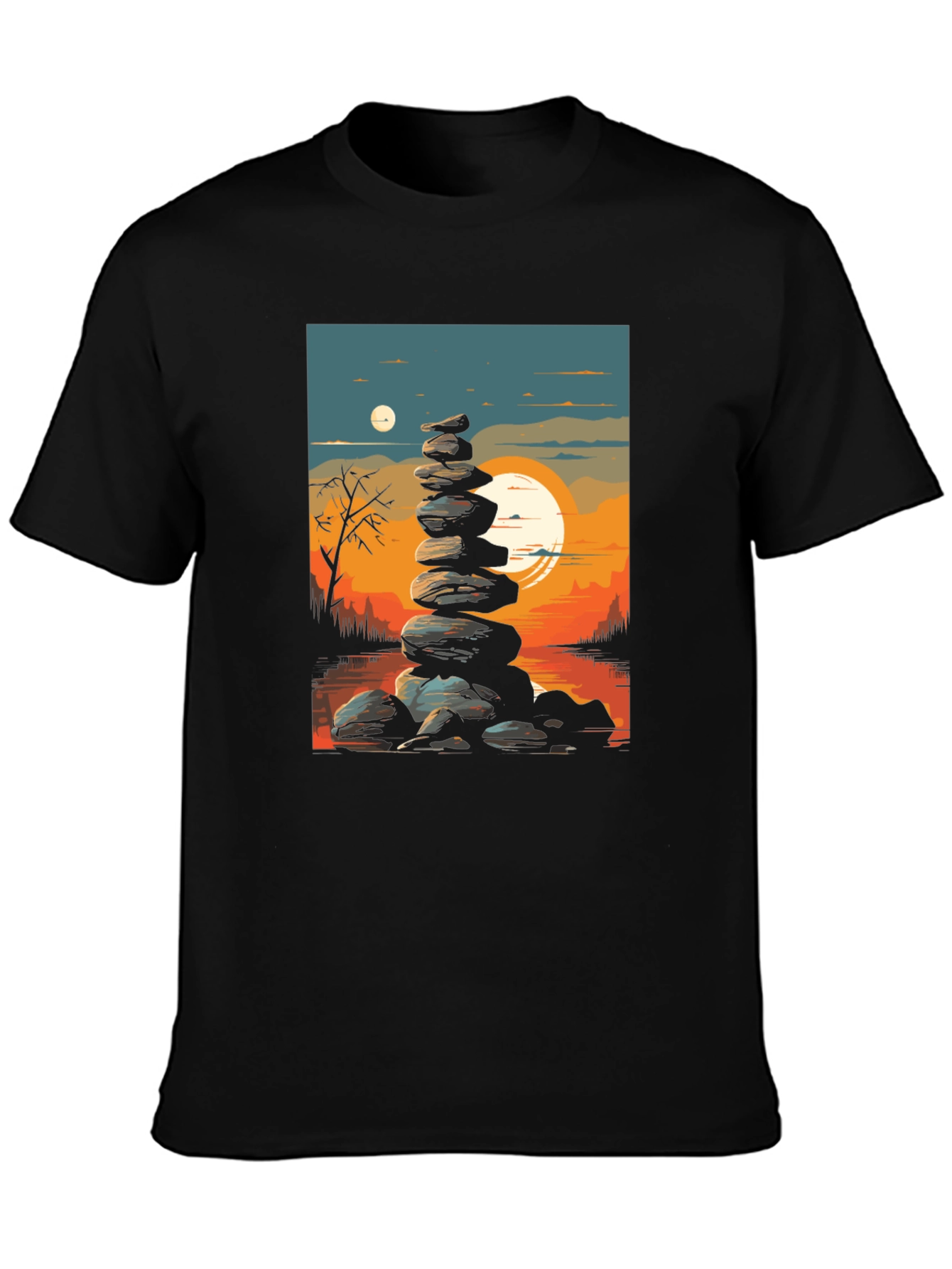 Black Zen Rock Stack T-Shirt - Sunset Landscape view 3