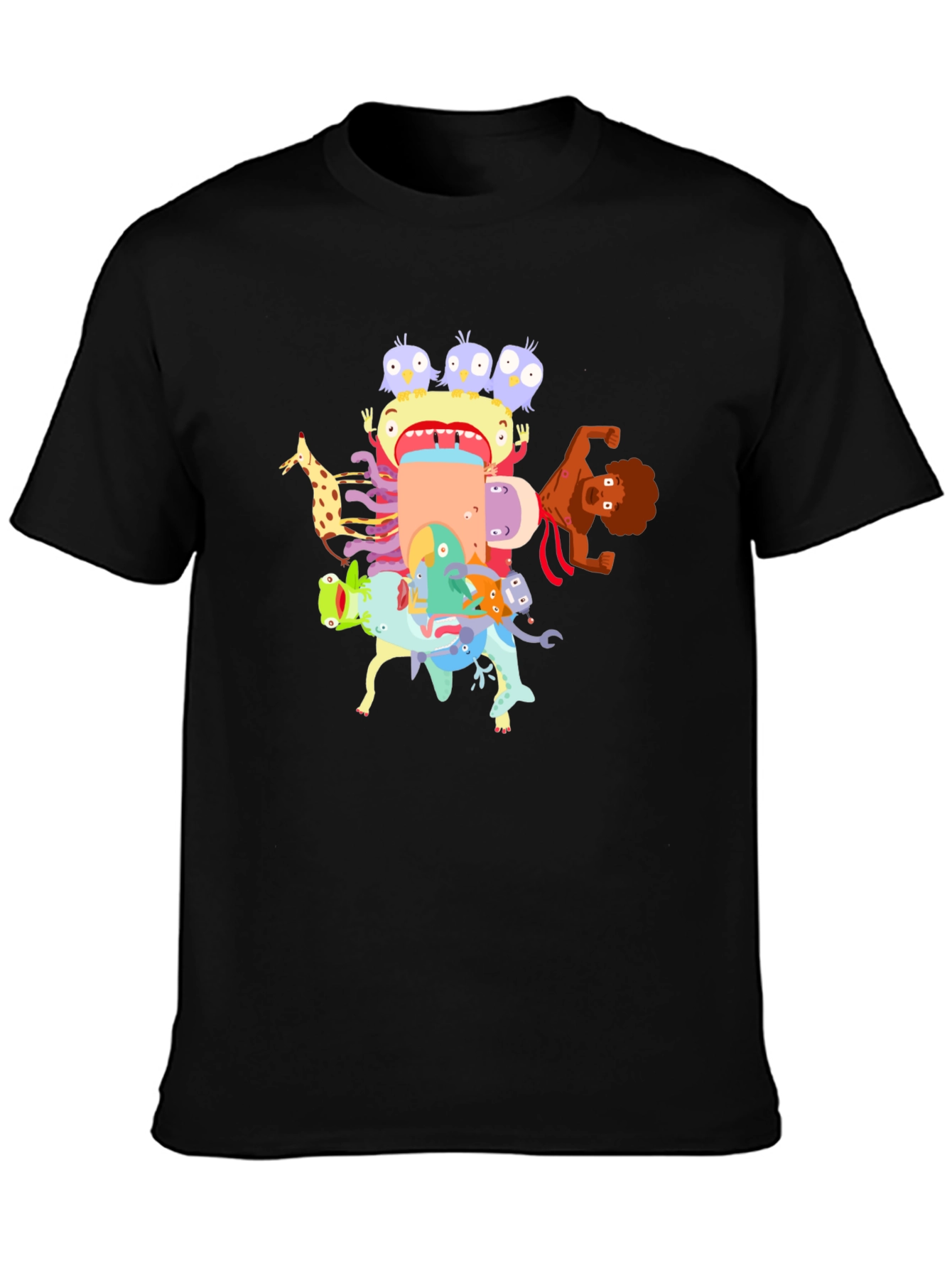 Black Cartoon Creature Stack Black T-Shirt view 3