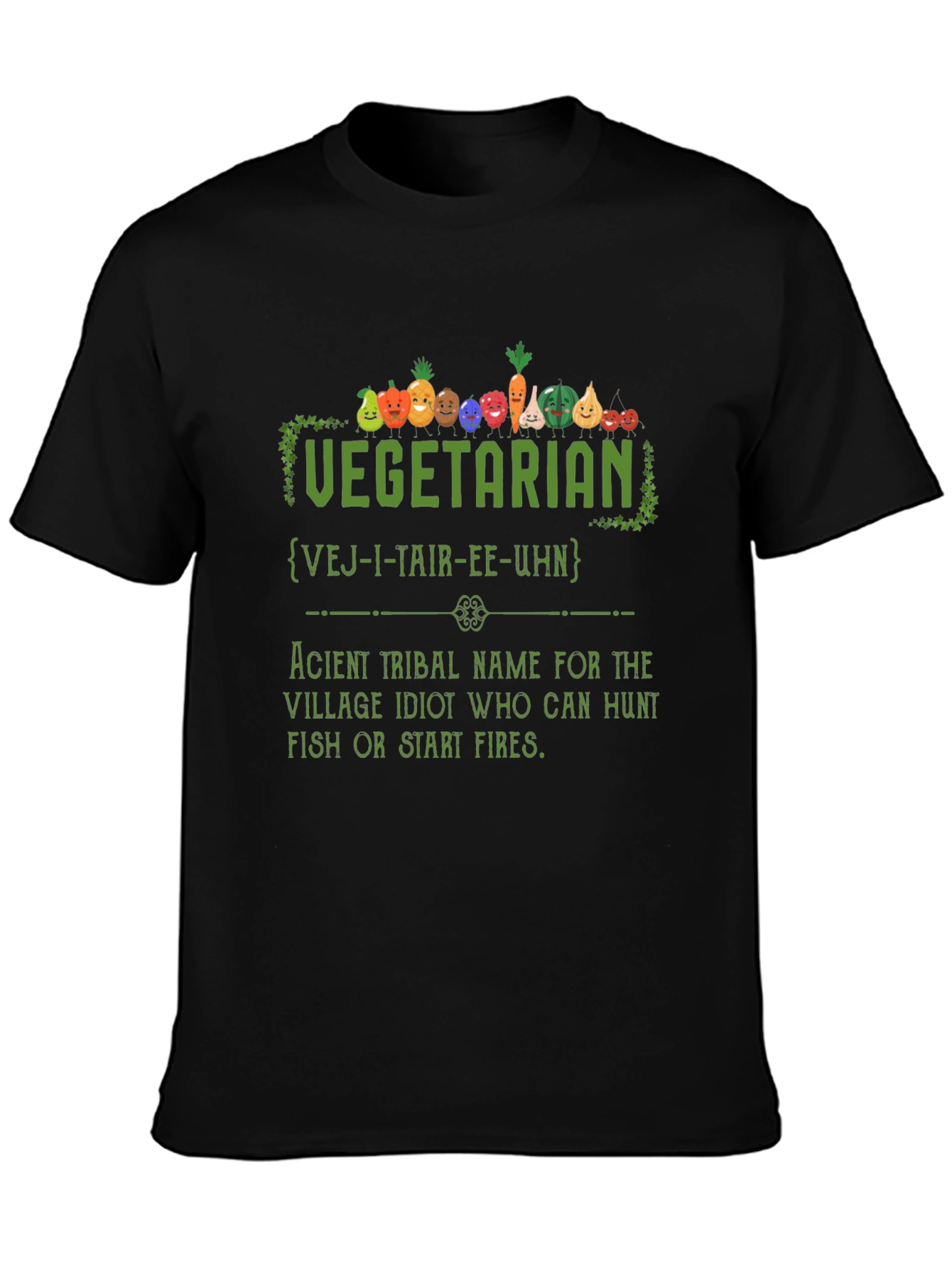 Black Vegetarian Village Idiot Funny Graphic T-Shirt view 3
