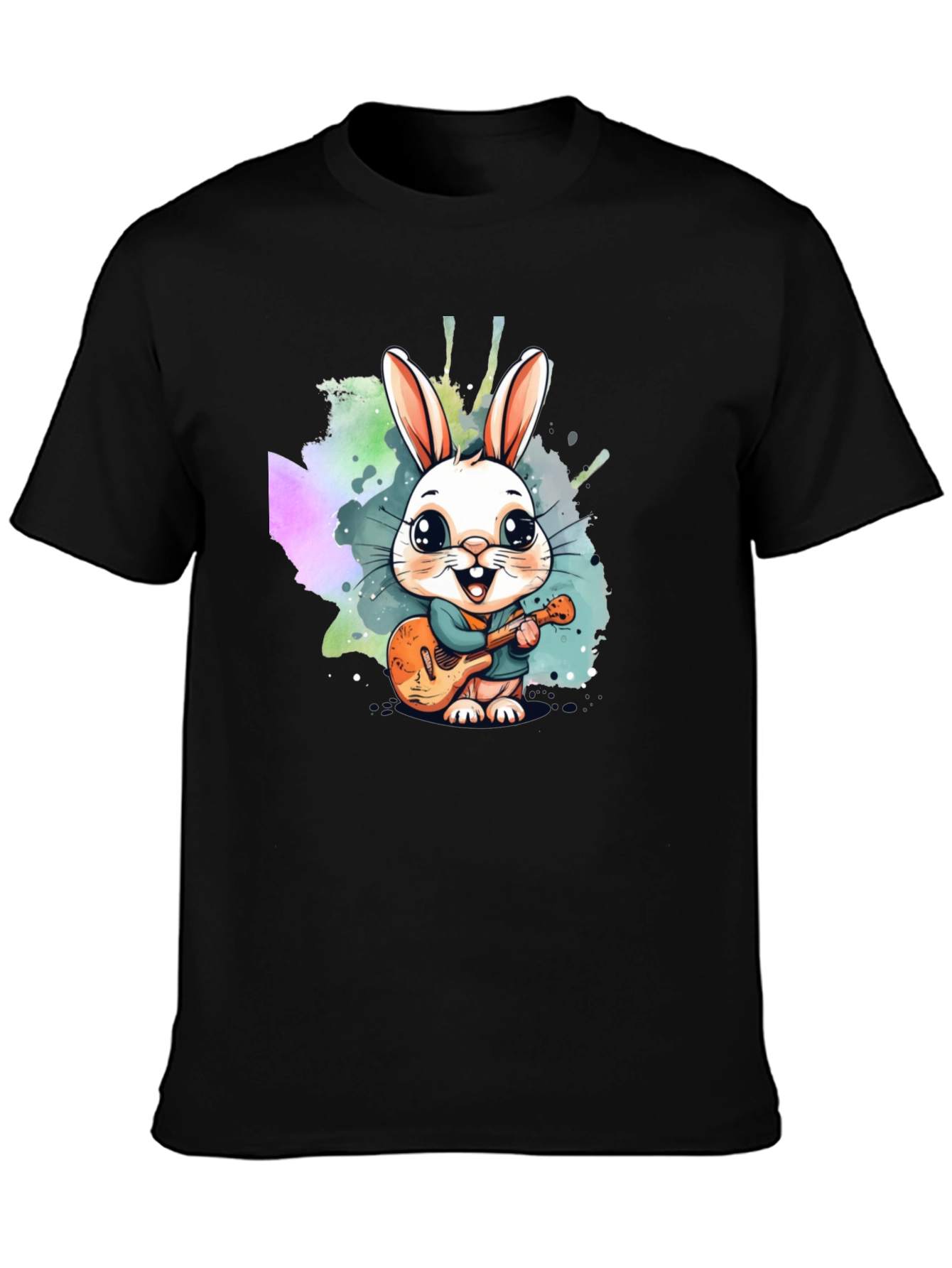 Black Cute Bunny Guitarist Black T-Shirt view 3