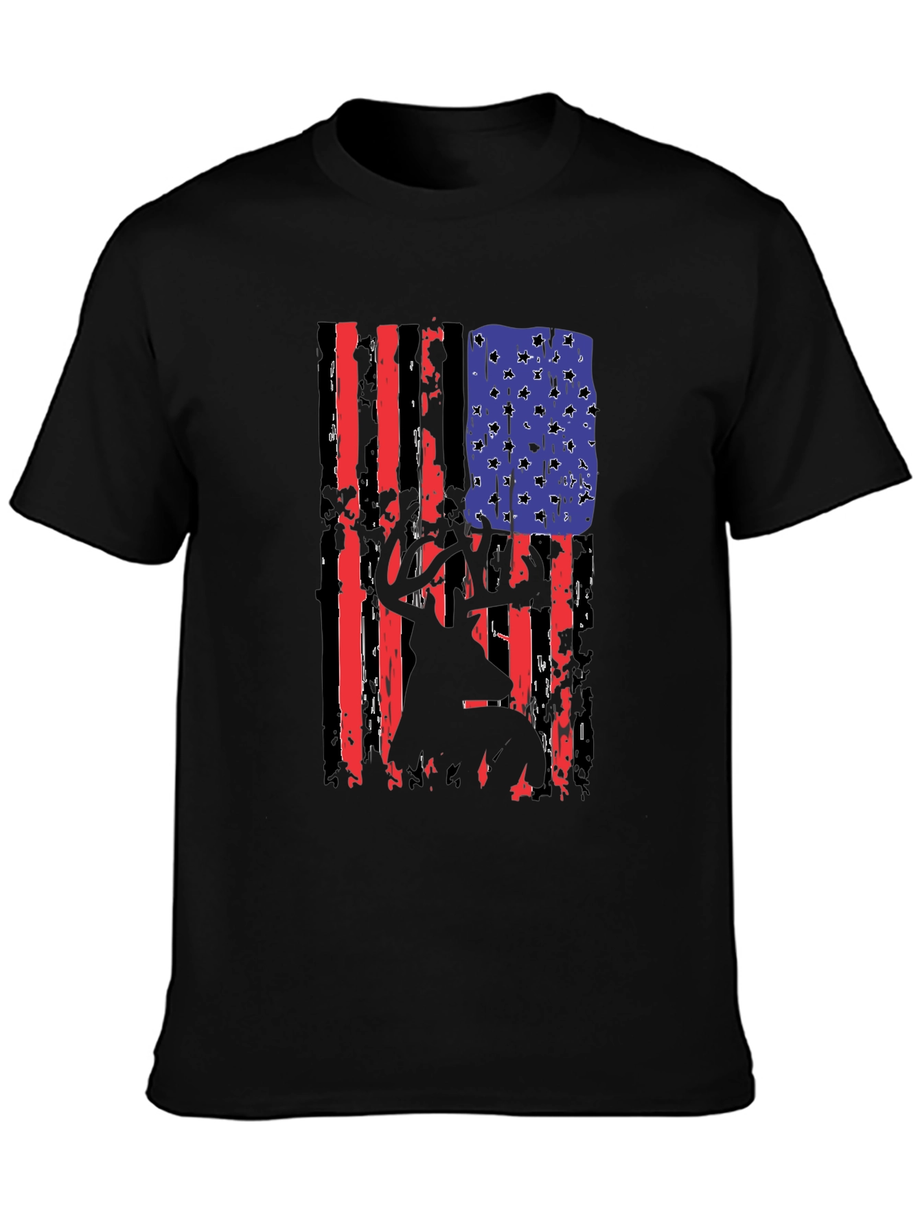 Black Distressed American Flag Deer Hunter T-Shirt view 3