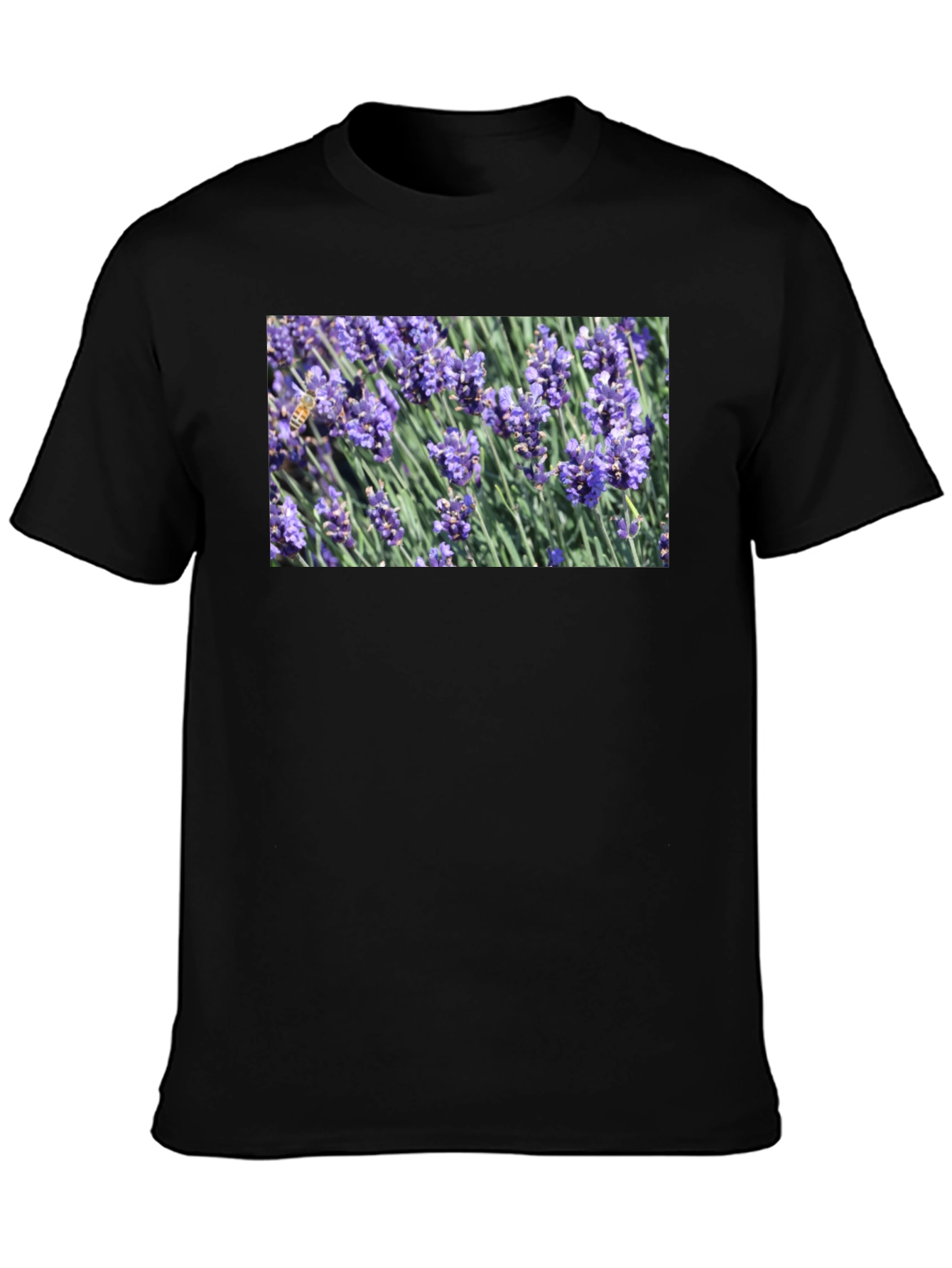 Black Floral Print T-Shirt: Bee on Lavender view 3
