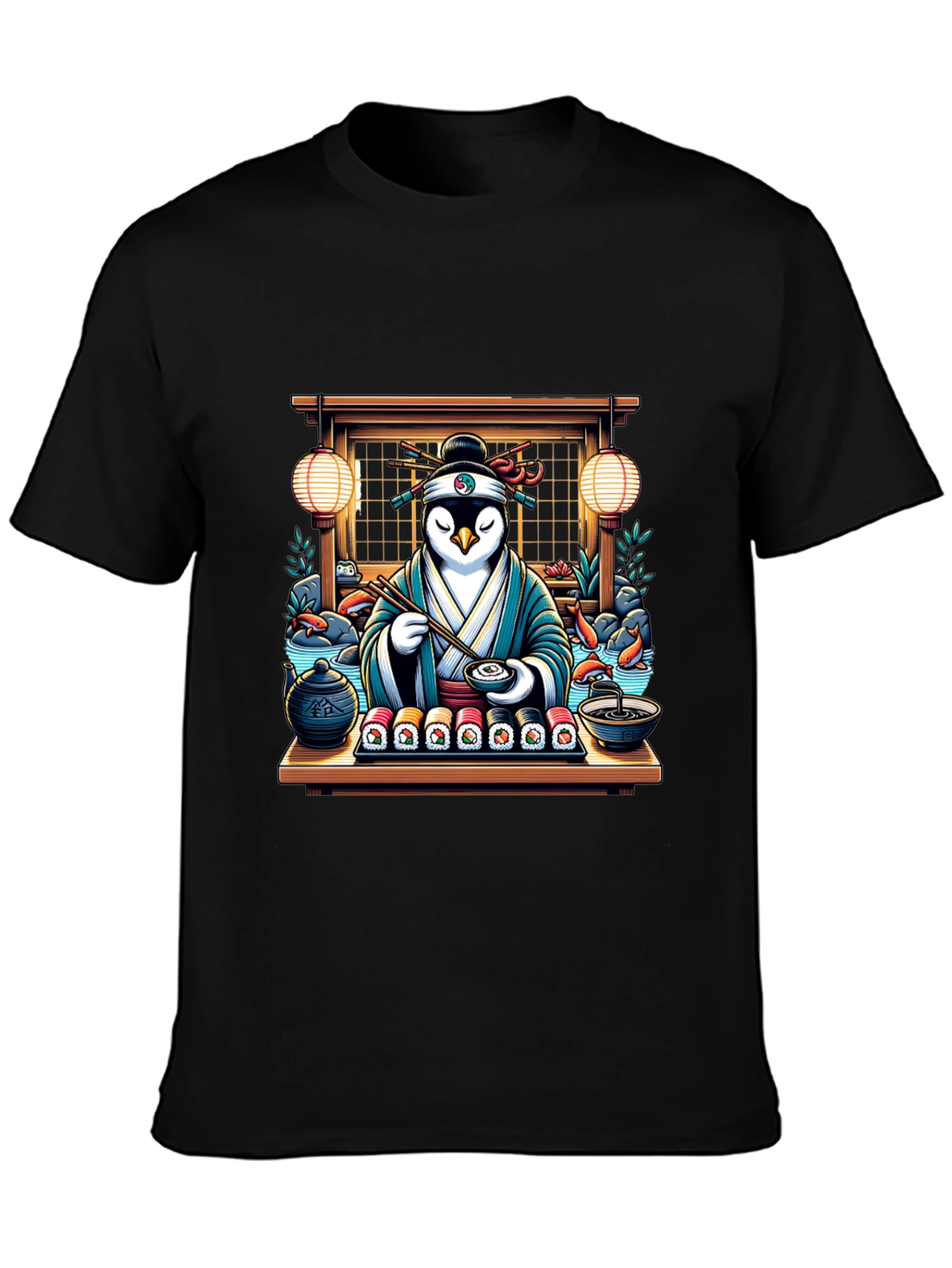 Black Sushi Chef Penguin T-Shirt view 3